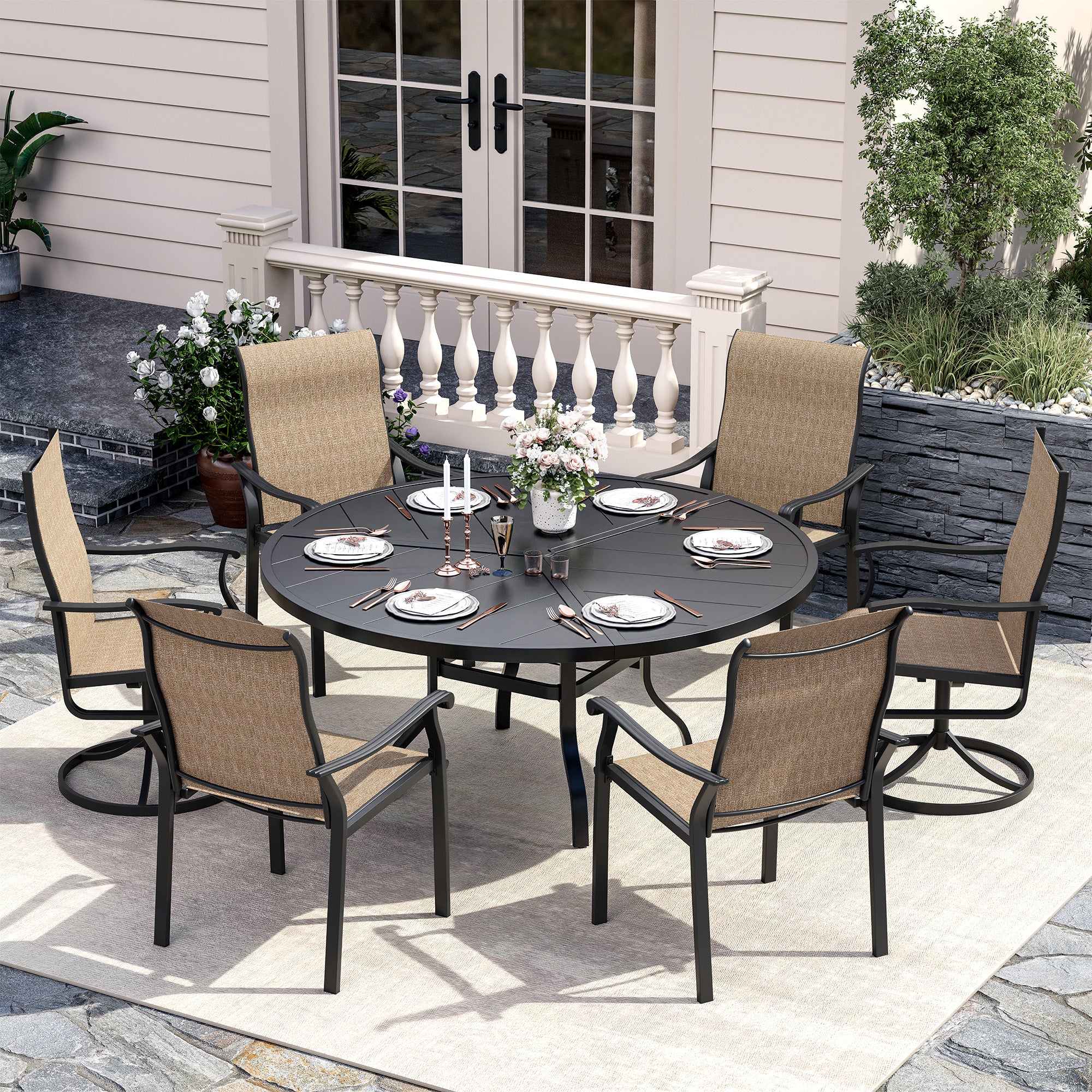 UDPATIO 7 Piece Patio Dining Set for 6, Patio Outdoor Table and Chairs, 51" Black Round Table with Umbrella Hole, Brown Patio Chairs, Patio Dining Set Outdoor Dining Set for Lawn, Backyard, Deck