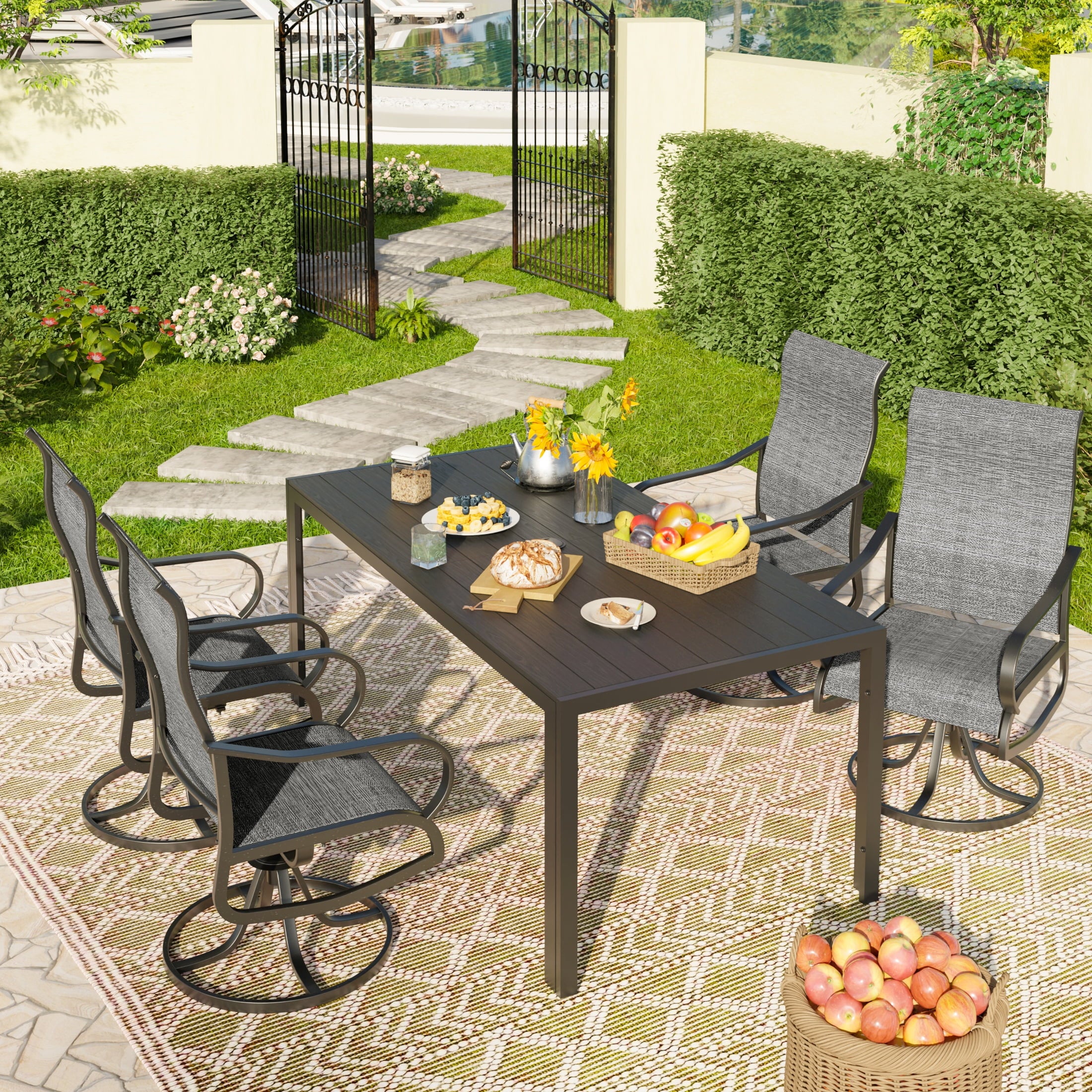UDPATIO 5-Piece Outdoor Dining Set with High-Back Swivel Chairs & Iron Rectangle Table for 4-Person, Black & Dark Grey