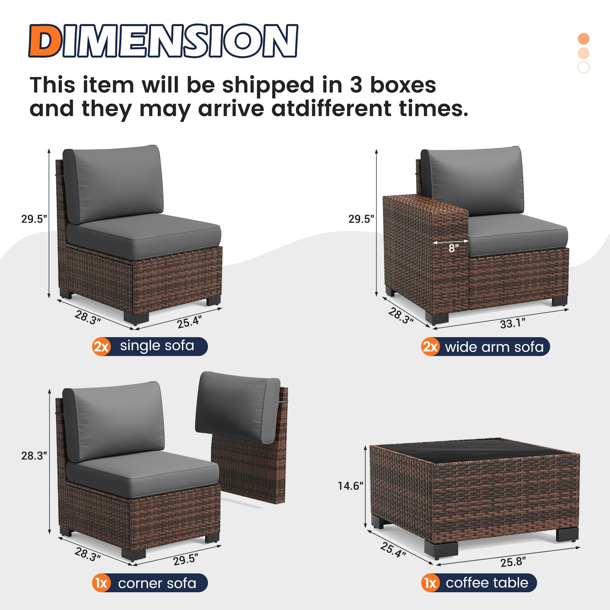 UDPATIO 6-Piece Patio Furniture Set, Outdoor Patio Sofa Set With Wide Armrest, All-Weather Wicker Rattan Guest Set With Cushion And Glass Table And Waterproof Cover, Brown & Dark Grey