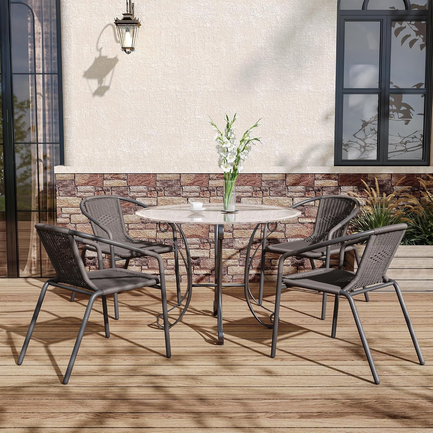 UDPATIO Rattan Outdoor Dining Chairs Set of 4, Wicker Stackable Patio Chairs, for Indoor Restaurant Porch, Grey
