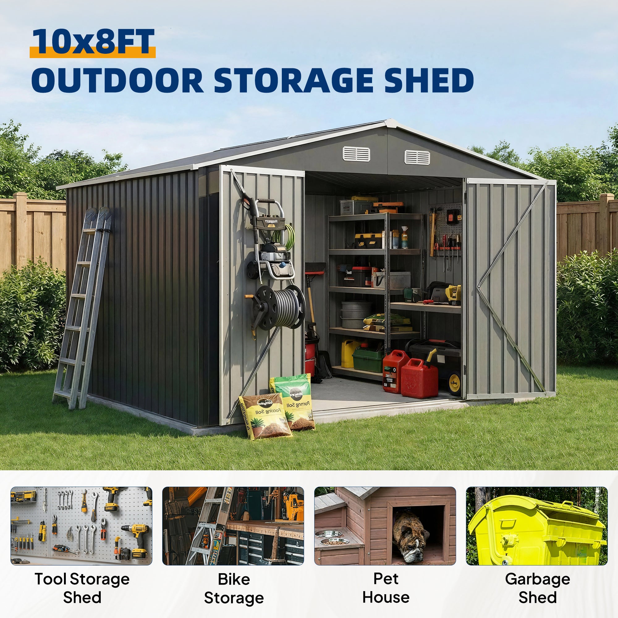 UDPATIO 10X8 FT Outdoor Storage Shed, Metal Garden Tool Shed with Sloped Roof & Lockable Door, Outside All-Weather Resistant Heavy Duty Sheds for Bicycle, Tool in Patio Lawn, Backyard, Grey