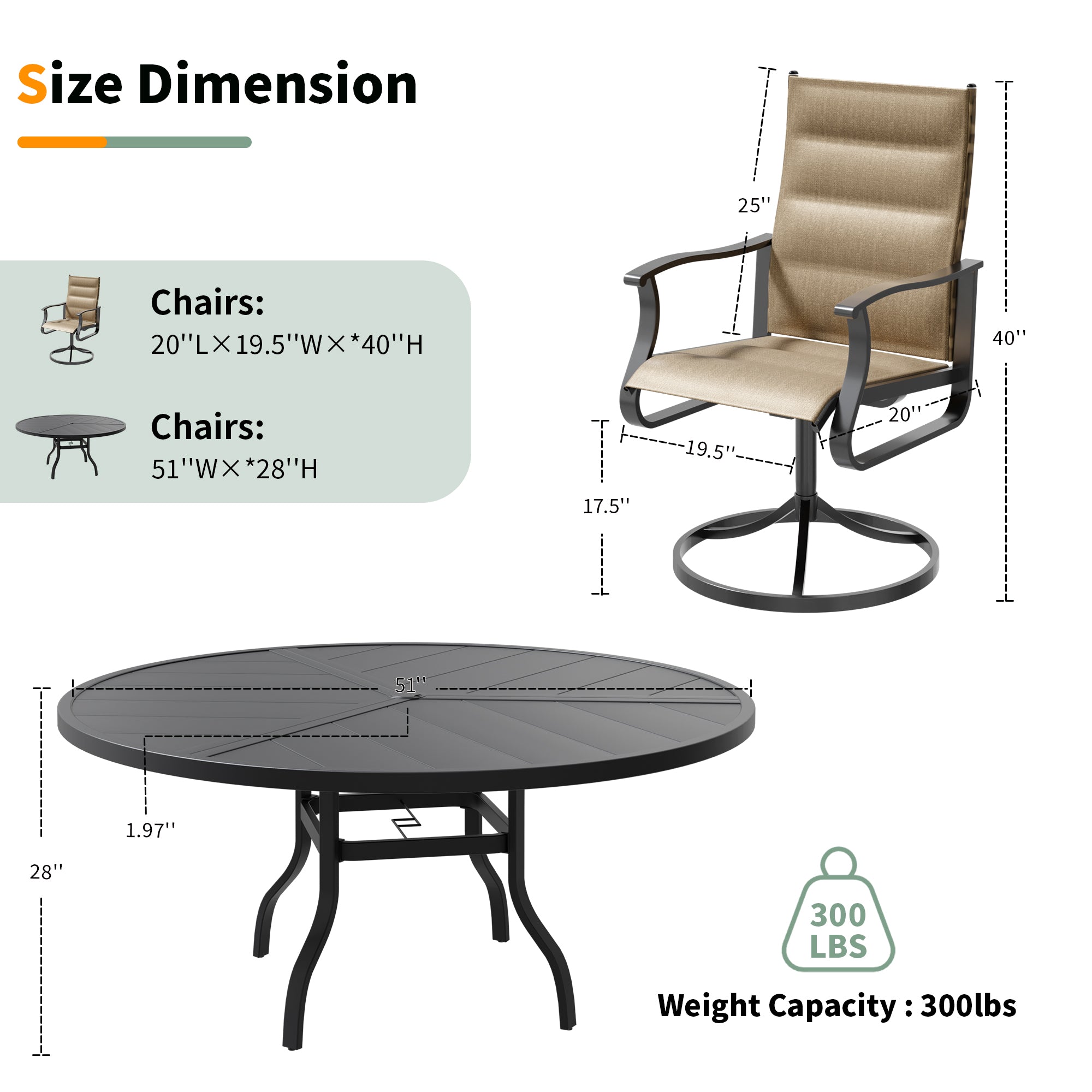 UDPATIO 7 Piece Outdoor Patio Dining Set, Outdoor Patio Table and Chairs Set, 51" Round Table with Umbrella Hole, Outdoor Swivel Rocker Dining Chairs, Patio Outside Furniture Set for Lawn, Deck, Yard