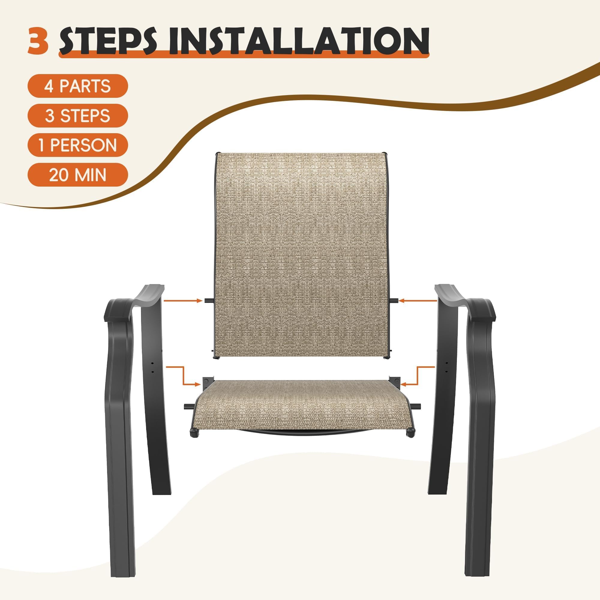 UDPATIO Patio Dining Chairs Set of 2, High Back Wide Seat Outdoor Furniture Chairs with All Weather Breathable Textilene, for Garden Backyard Deck, Brown