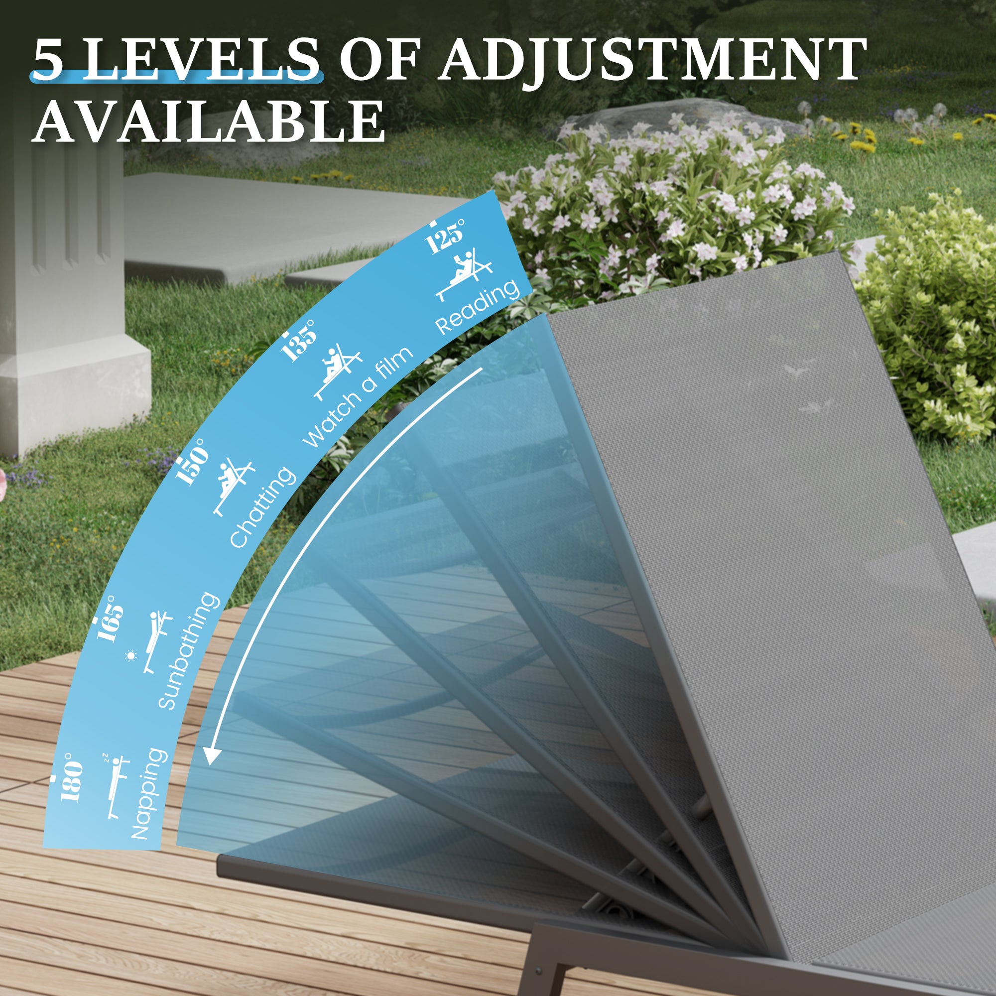 Outdoor Chaise Lounge Chair Set of 2 with Table Pool Lounge Chairs for Outside, Adjustable Lounger for Poolside Lawn Deck Lay Flat Sunbathing Backrest for Patio, Beach, Yard(Grey)