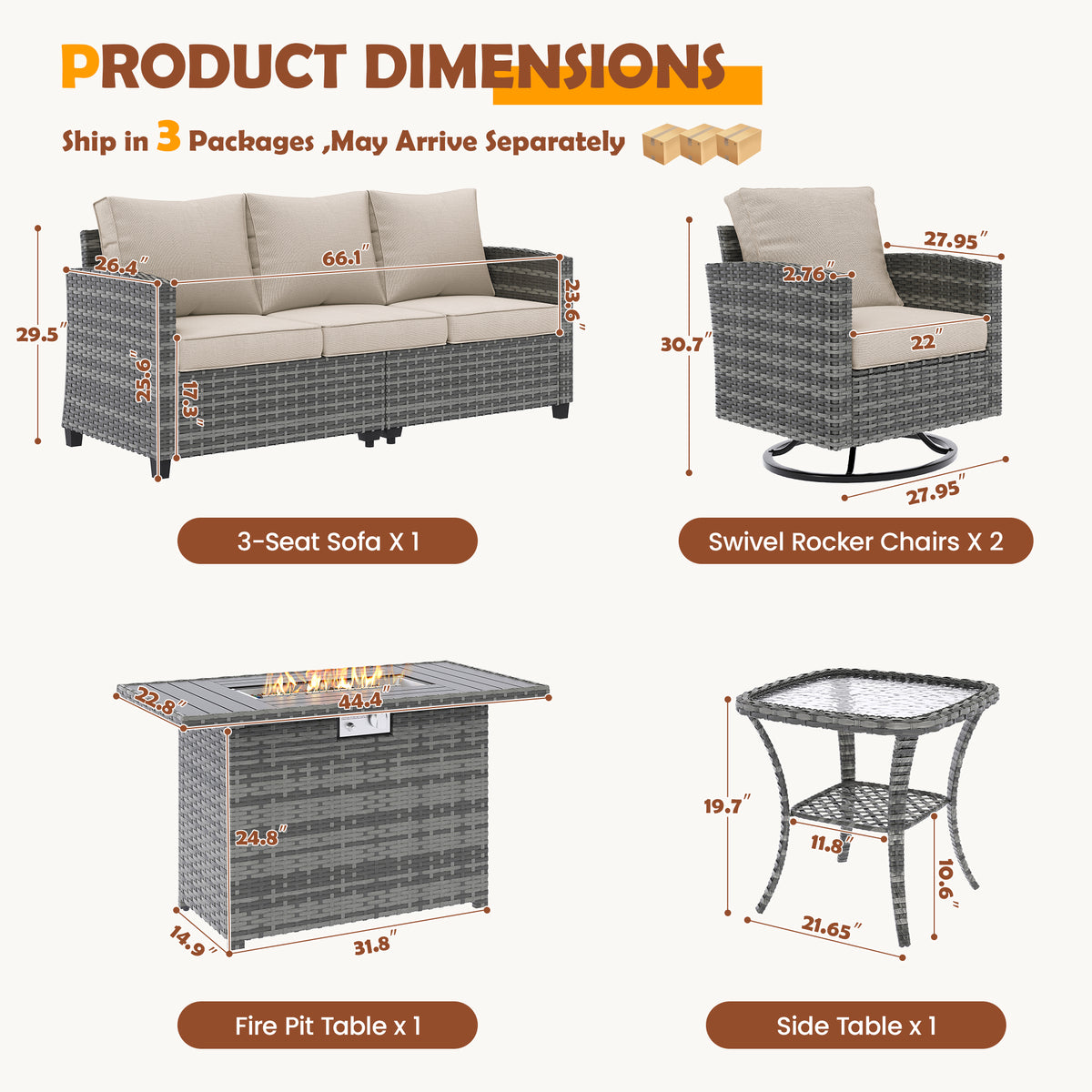 UDPATIO Patio Furniture Set with Swivel Rocking Chair 44" Fire Pit Table