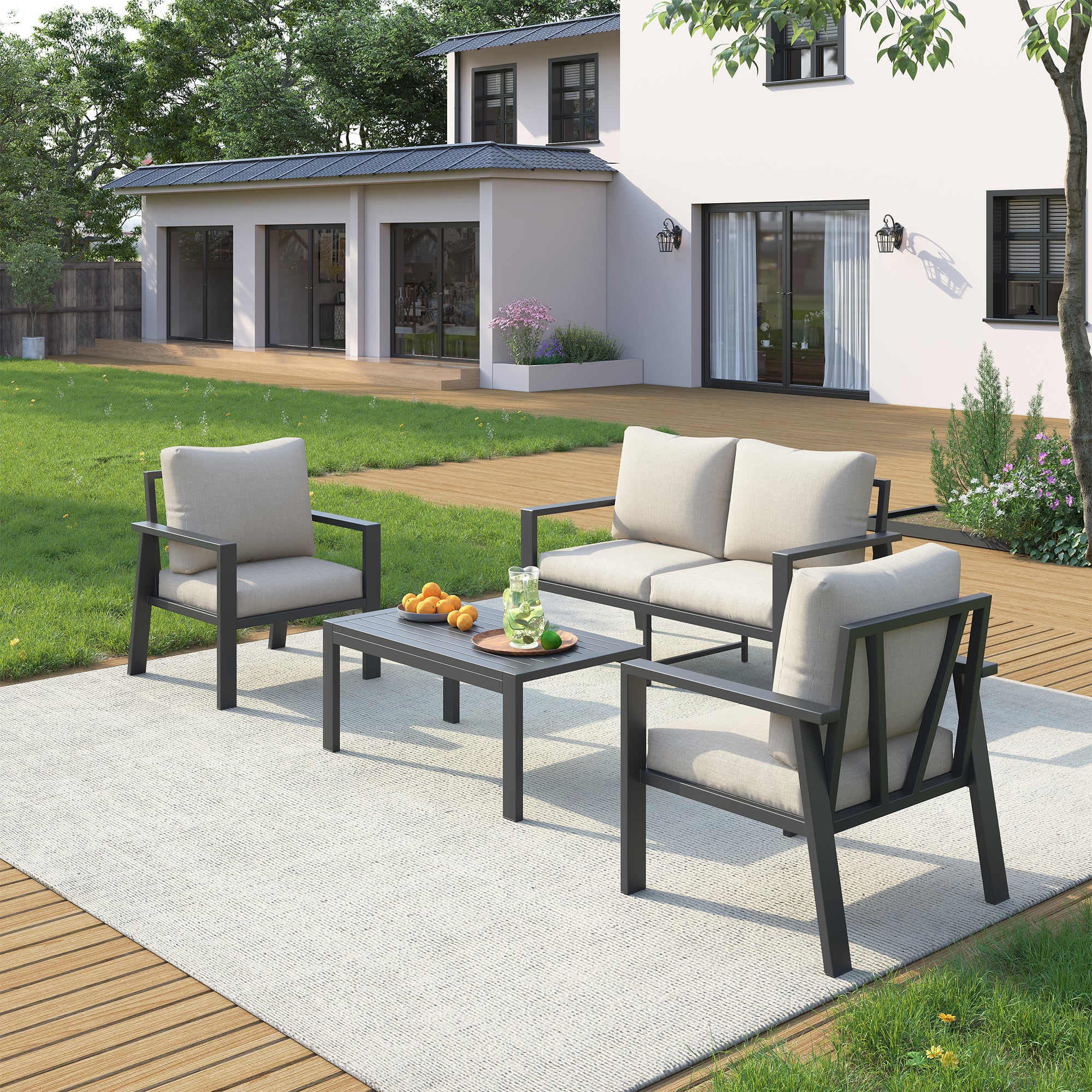 UDPATIO Aluminum Patio Furniture Set, 4 Pieces Sectional Metal Conversation Sofa Modern Seating Set with Coffee Table for Outdoor Garden Backyard, Beige