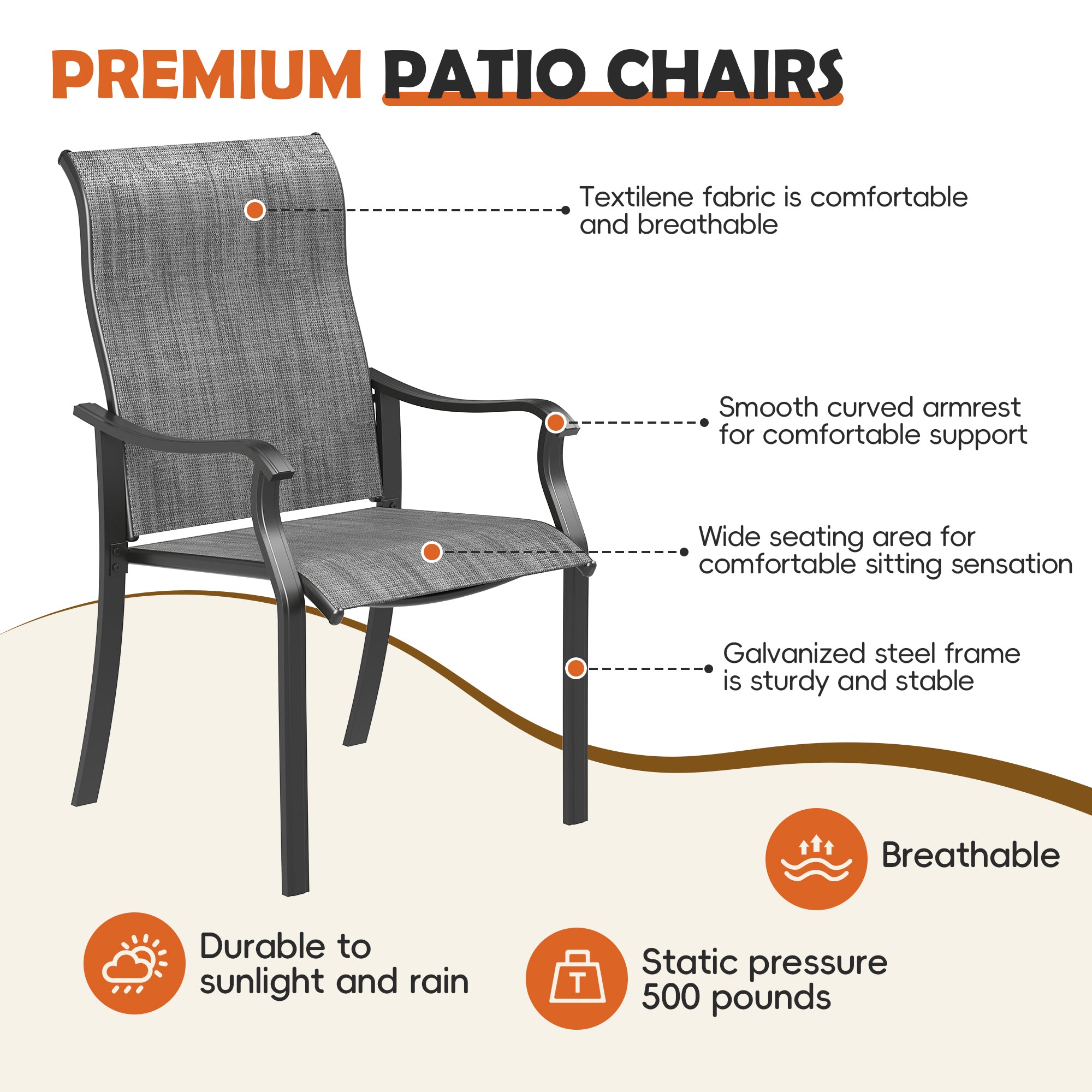 UDPATIO Patio Dining Chairs Set of 2, High Back Wide Seat Outdoor Furniture Chairs with All Weather Breathable Textilene, for Lawn Garden Backyard Deck, Dark Grey