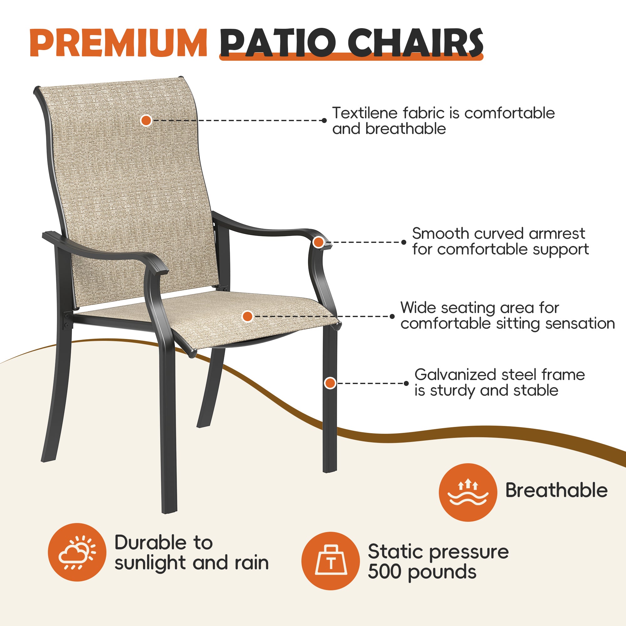UDPATIO Patio Dining Chairs Set of 2, High Back Wide Seat Outdoor Furniture Chairs with All Weather Breathable Textilene, for Garden Backyard Deck, Brown