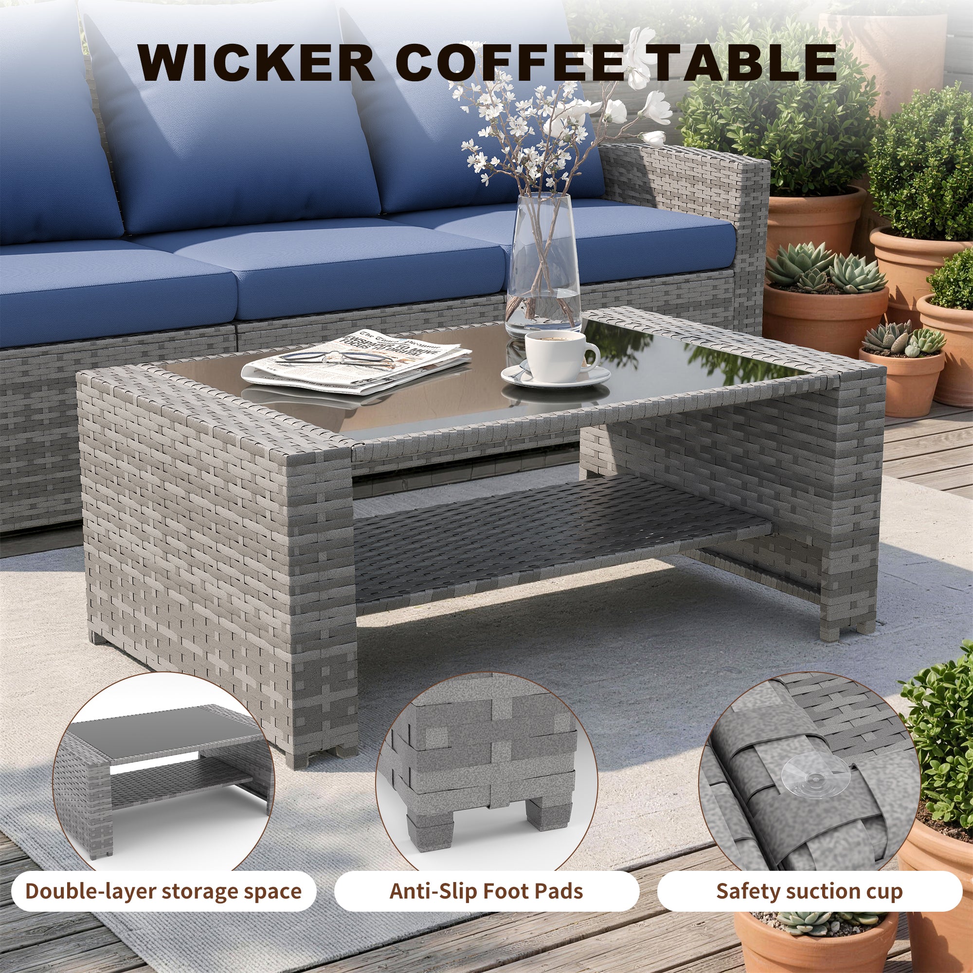UDPATIO Wicker Patio Furniture Set,Multiple combination sofa sets,Gray PE Rattan Patio Sofa Set for Balcony, Porch, Backyard, Navy