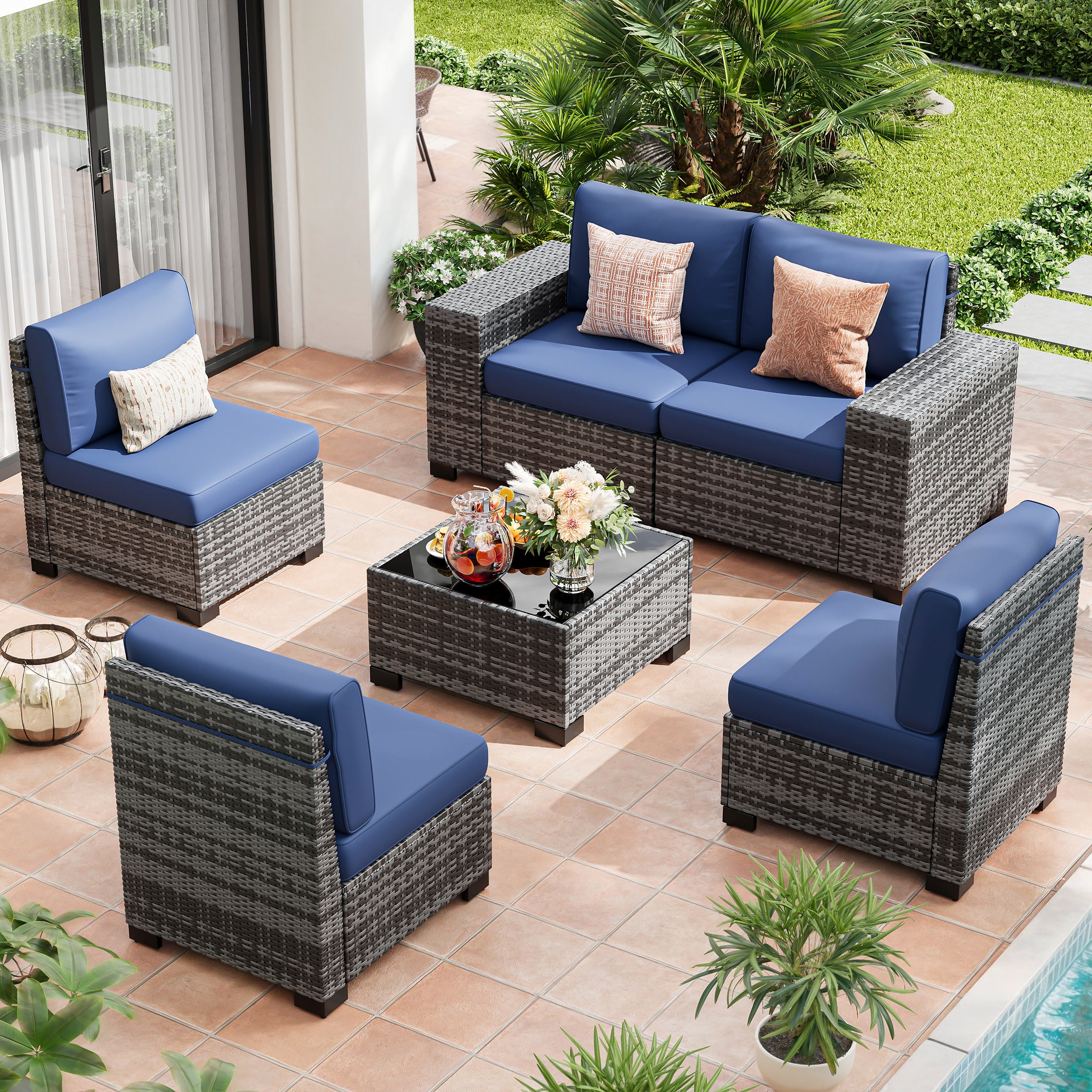 UDPATIO 6-Piece Patio Furniture Set, Outdoor Patio Sofa Set With Wide Armrest, All-Weather Wicker Rattan Guest Set With Cushion And Glass Table And Waterproof Cover, Grey & Navy Blue