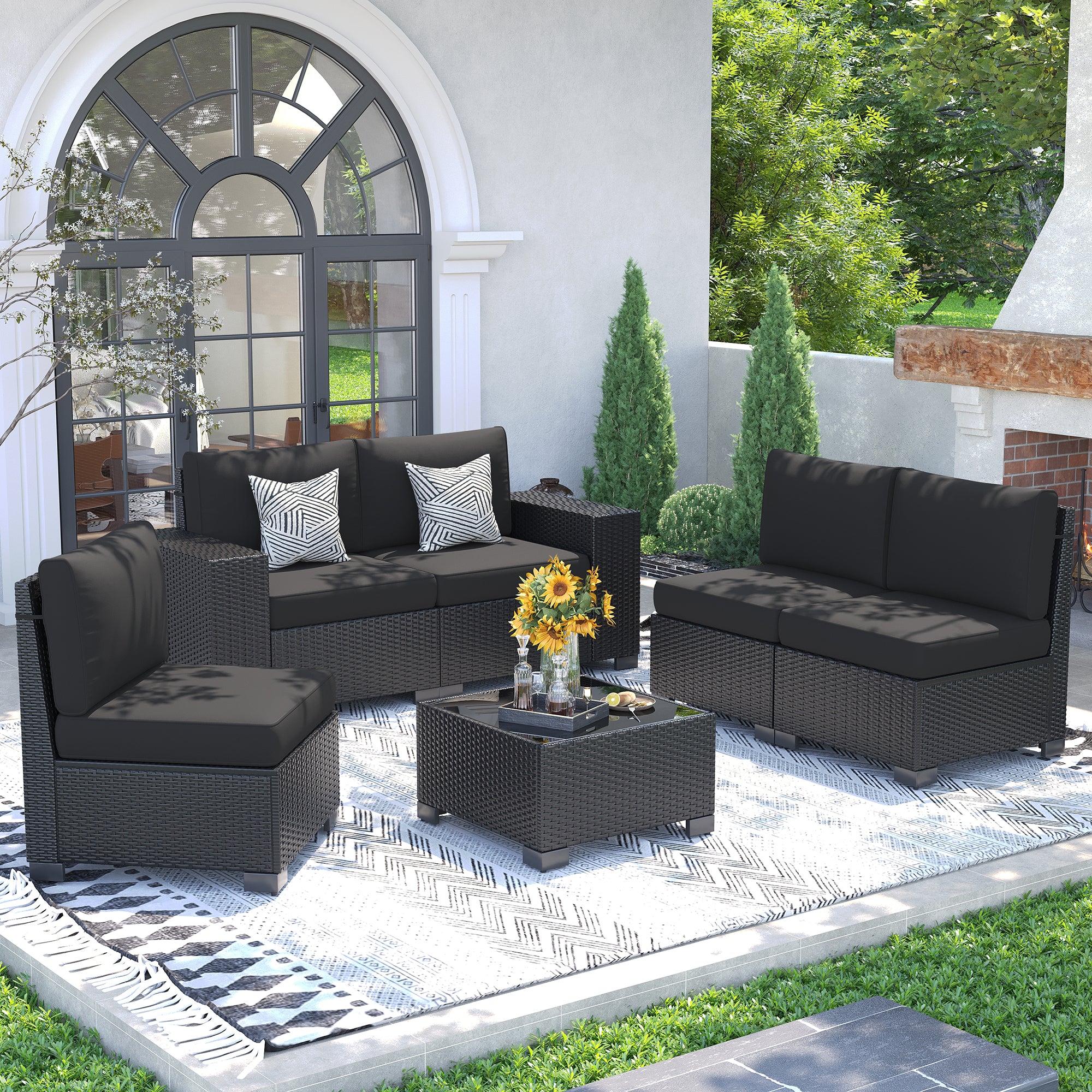 UDPATIO Patio Furniture Set, 8'' Wide Armrest Modular Rattan Outdoor Sectional Sofa Set, 6 Pieces Wicker Patio Conversation Sets for Backyard,Deck w/ 4'' Cushions,Cover,Coffee Table