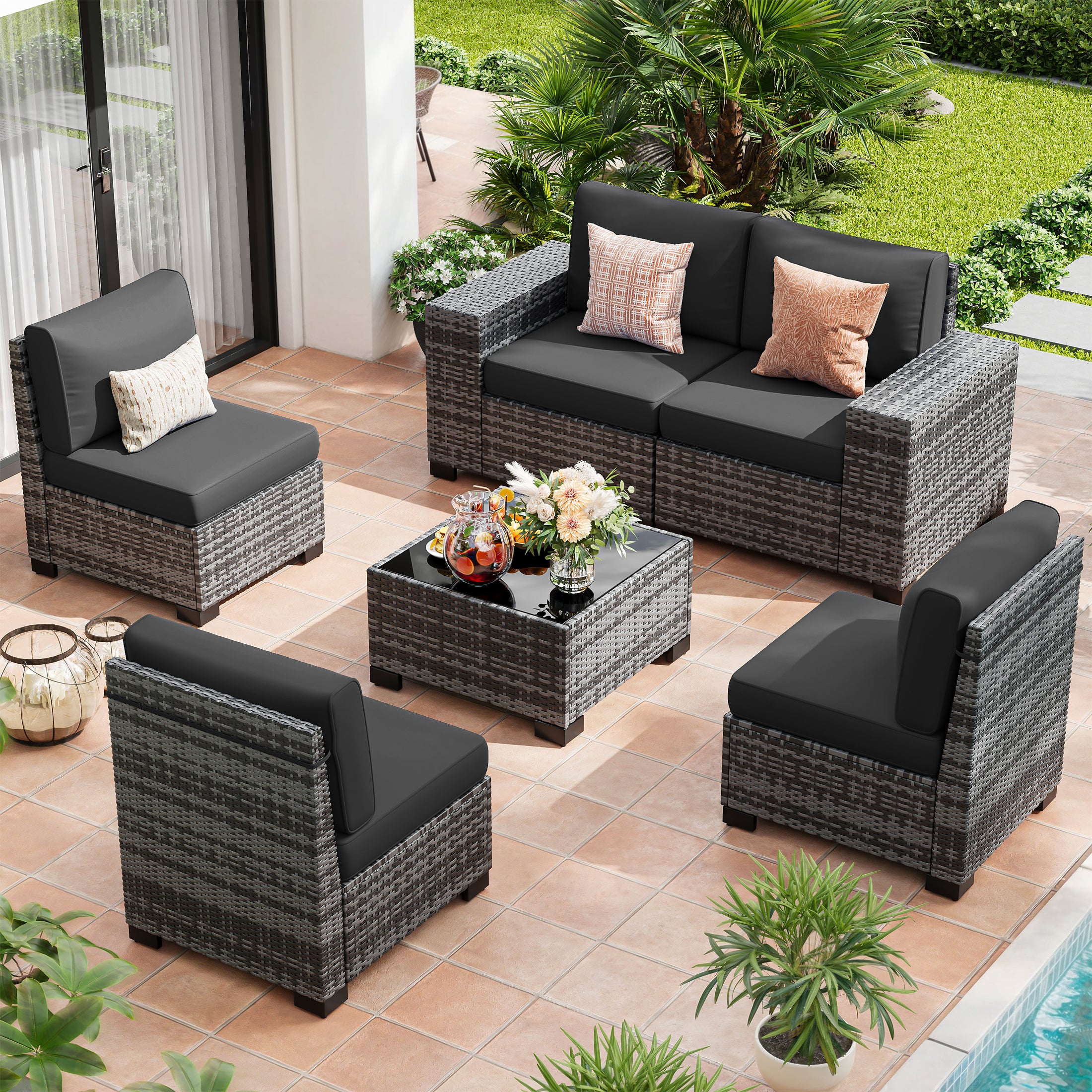 UDPATIO 6-Piece Patio Furniture Set, Outdoor Patio Sofa Set With Wide Armrest, All-Weather Wicker Rattan Guest Set With Cushion And Glass Table And Waterproof Cover, Grey & Black
