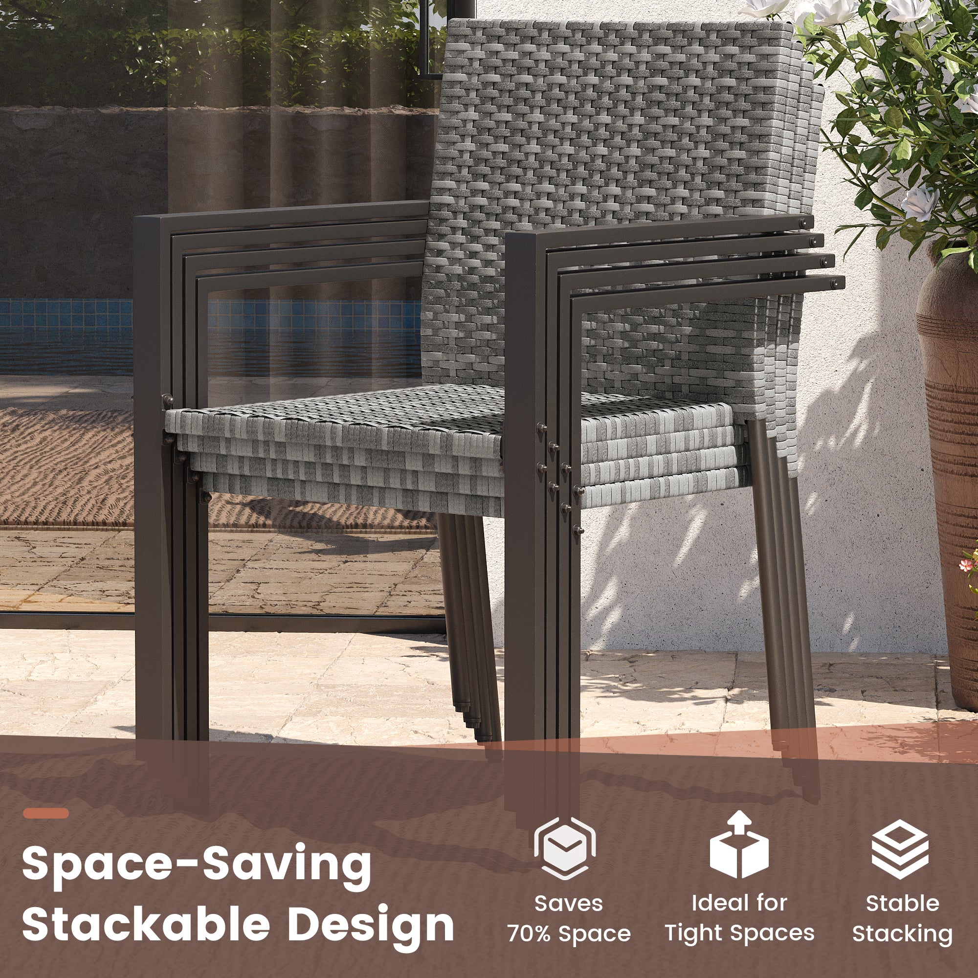 UDPATIO Stackable Patio Chairs Set of 2, Wicker Outdoor Chairs, All-Weather Rattan Dining Chairs with Deep Seat & Armrests, Steel Frame for Patio, Garden, Backyard, Deck, Lawn or Porch, Gray