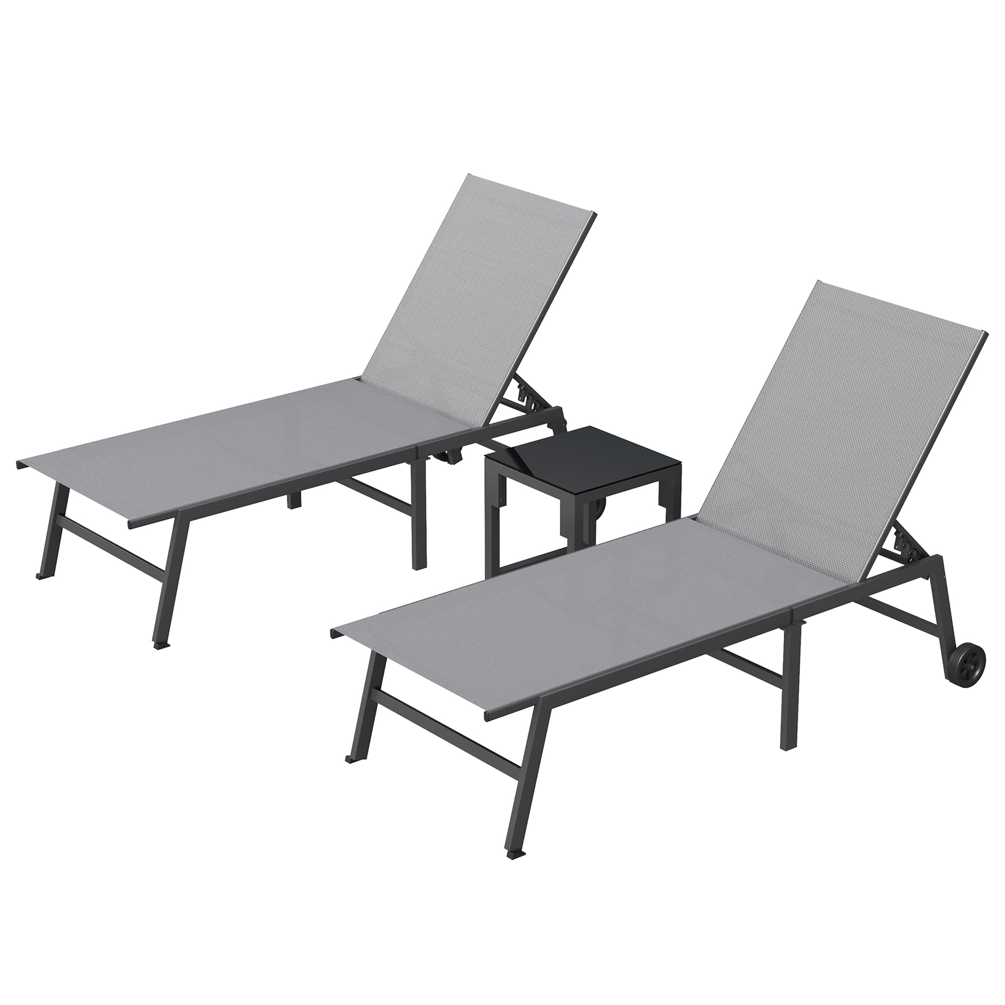 Outdoor Chaise Lounge Chair Set of 2 with Table Pool Lounge Chairs for Outside, Adjustable Lounger for Poolside Lawn Deck Lay Flat Sunbathing Backrest for Patio, Beach, Yard(Grey)