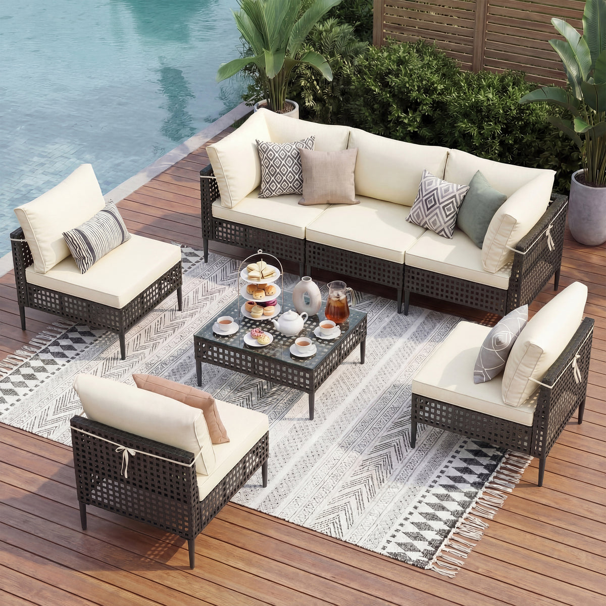 UDPATIO 7 Piece Wicker Patio Furniture Set, Outdoor Conversation Set, Sectional Sofa with Glass Coffee Table, Outdoor Sofa for Porch, Backyard, Black&Beige