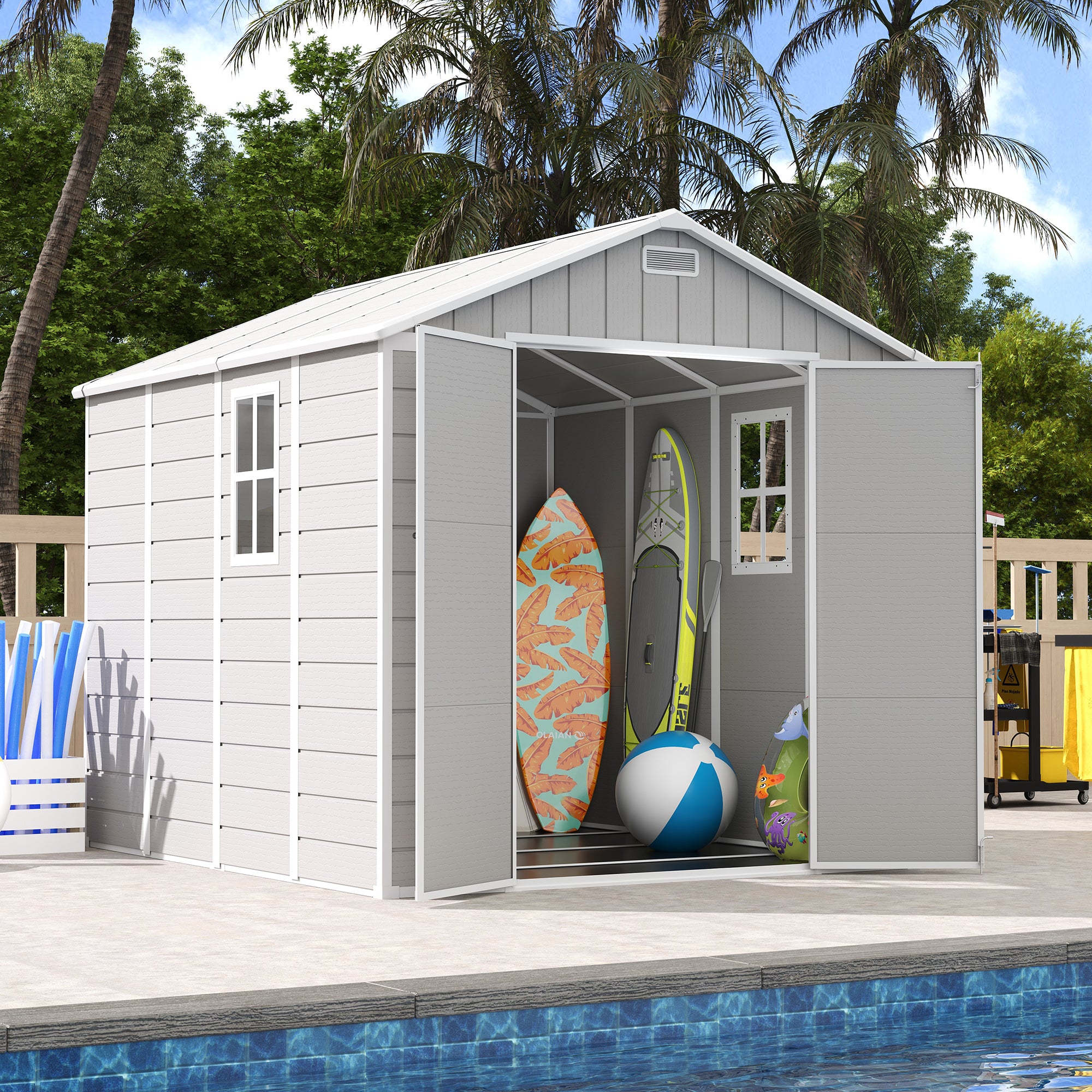 UDPATIO Resin Storage Shed 8 x 8 FT, Outdoor Garden Sheds with Floor Plastic Patio Outdoor Storage Shed with Lockable Door, Sandstone