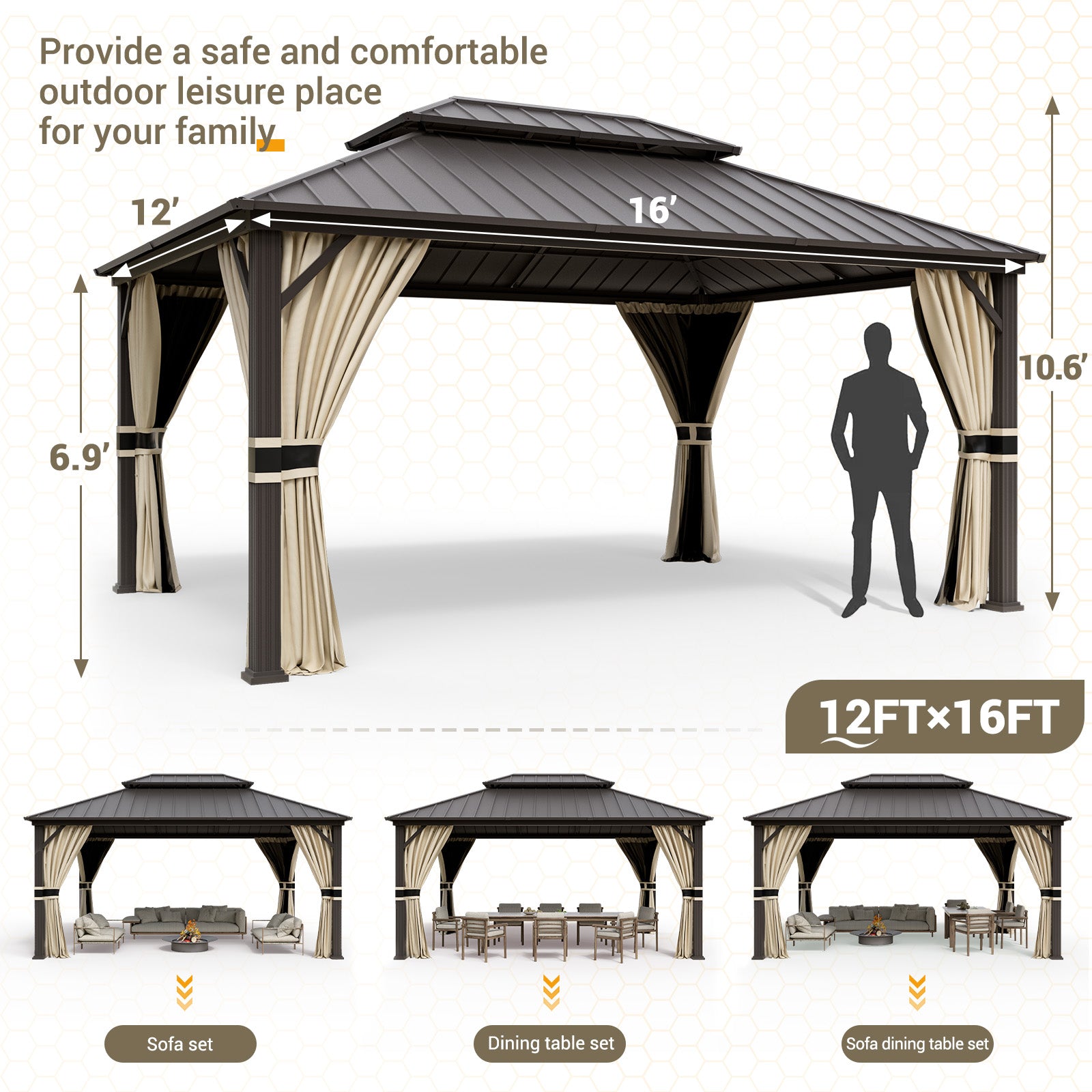 UDPATIO 12' x 16' Hardtop Gazebo,Aluminum Frame Galvanized Steel Double Roof Permanent Gazebo, Outdoor Metal Gazebos with Mosquito Netting and Curtains for Garden, Parties, Patio, Deck, Lawns, Beige