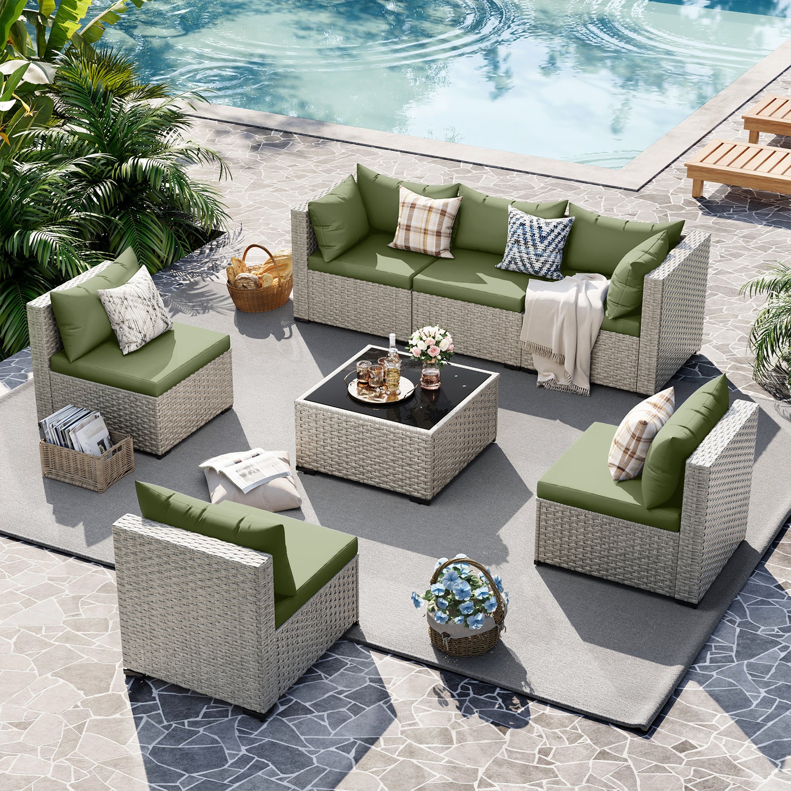 UDPATIO Outdoor Patio Furniture Set, 7-Piece PE Wicker Sectional Sofa with Tea Table, Outdoor Conversation Set for Patio, Garden