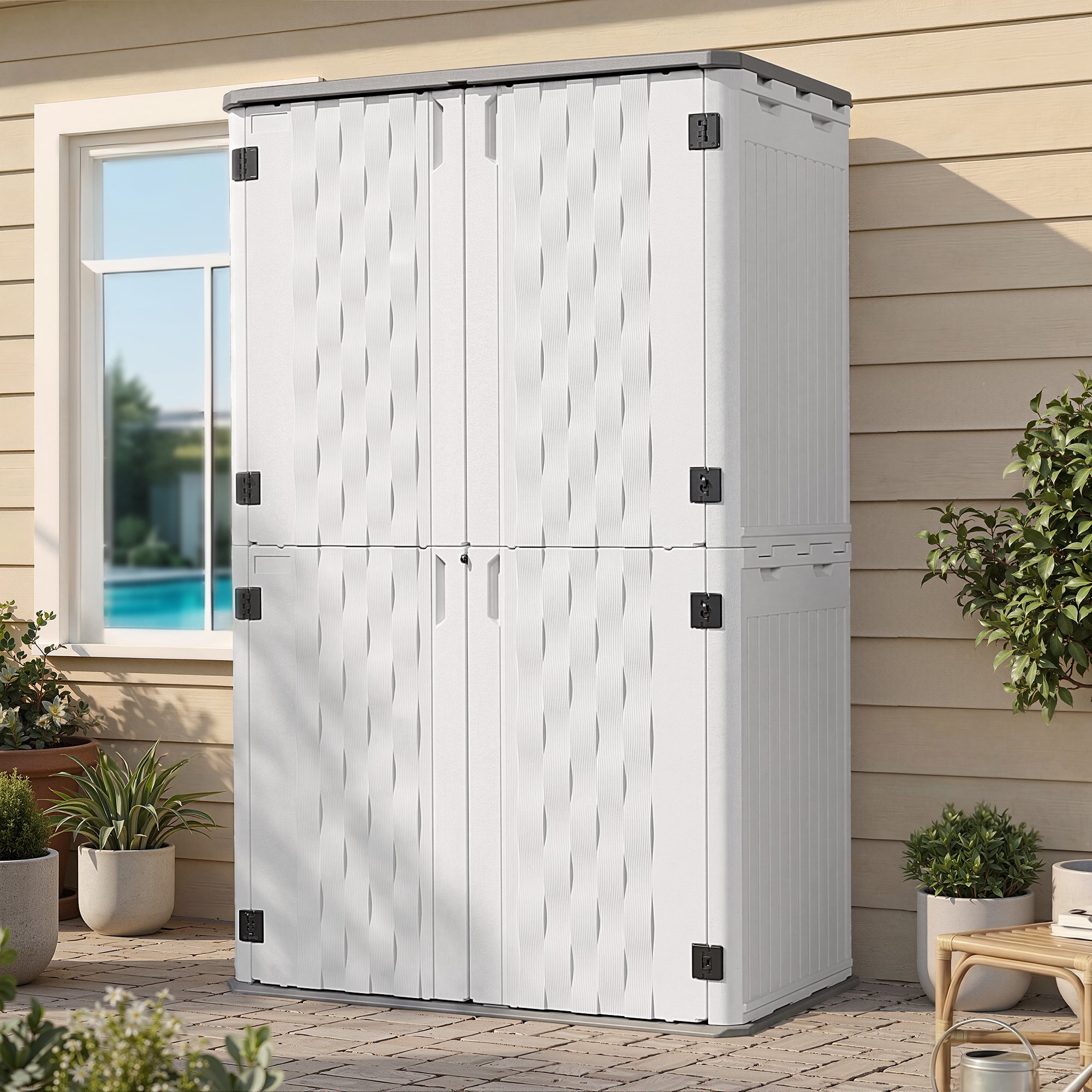 UDPATl0 67 Cu.Ft Resin Outdoor Storage Shed, Patio Plastic Vertical Sheds with Floor, Waterproof Bin Shed Horizontal Storage Cabinet for Patio, Backyards, Garden, Pool, Tool Shed