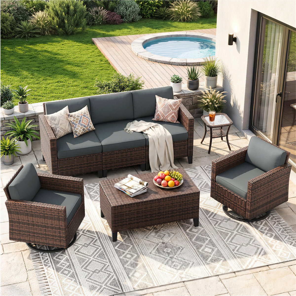 UDPATIO Patio Furniture Set, 7 Pieces Outdoor Furniture Sets with Rocking Swivel Chairs, Wicker Rattan Outdoor Conversation Set with Storage Table and Waterproof Covers for Backyard, Deck, Porch