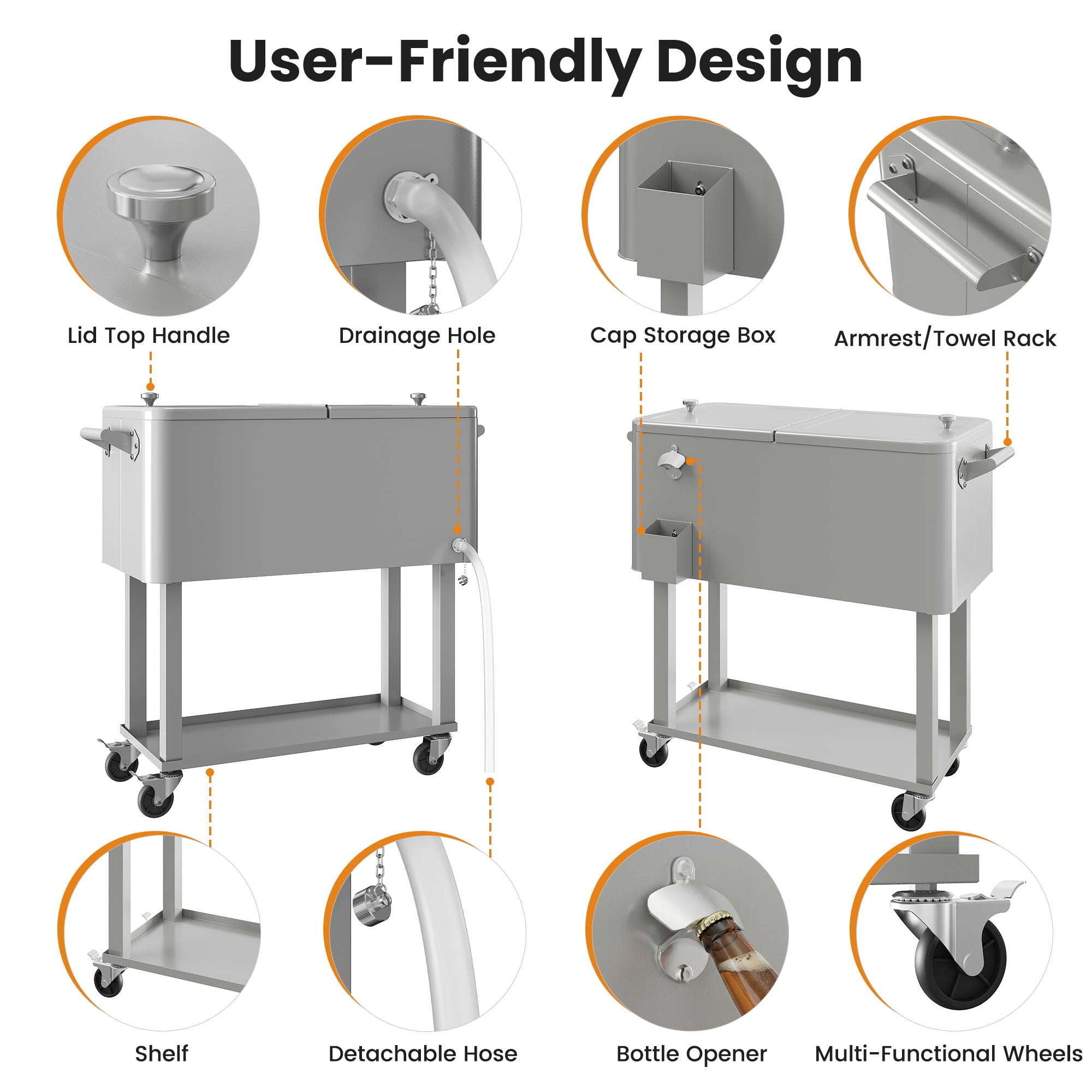 Patio Cooler Cart 80 Quart Outdoor Rolling Ice Chest Portable Beverage Bar with Bottom Storage Tray and Bottle Opener for Party BBQ Beach Activities