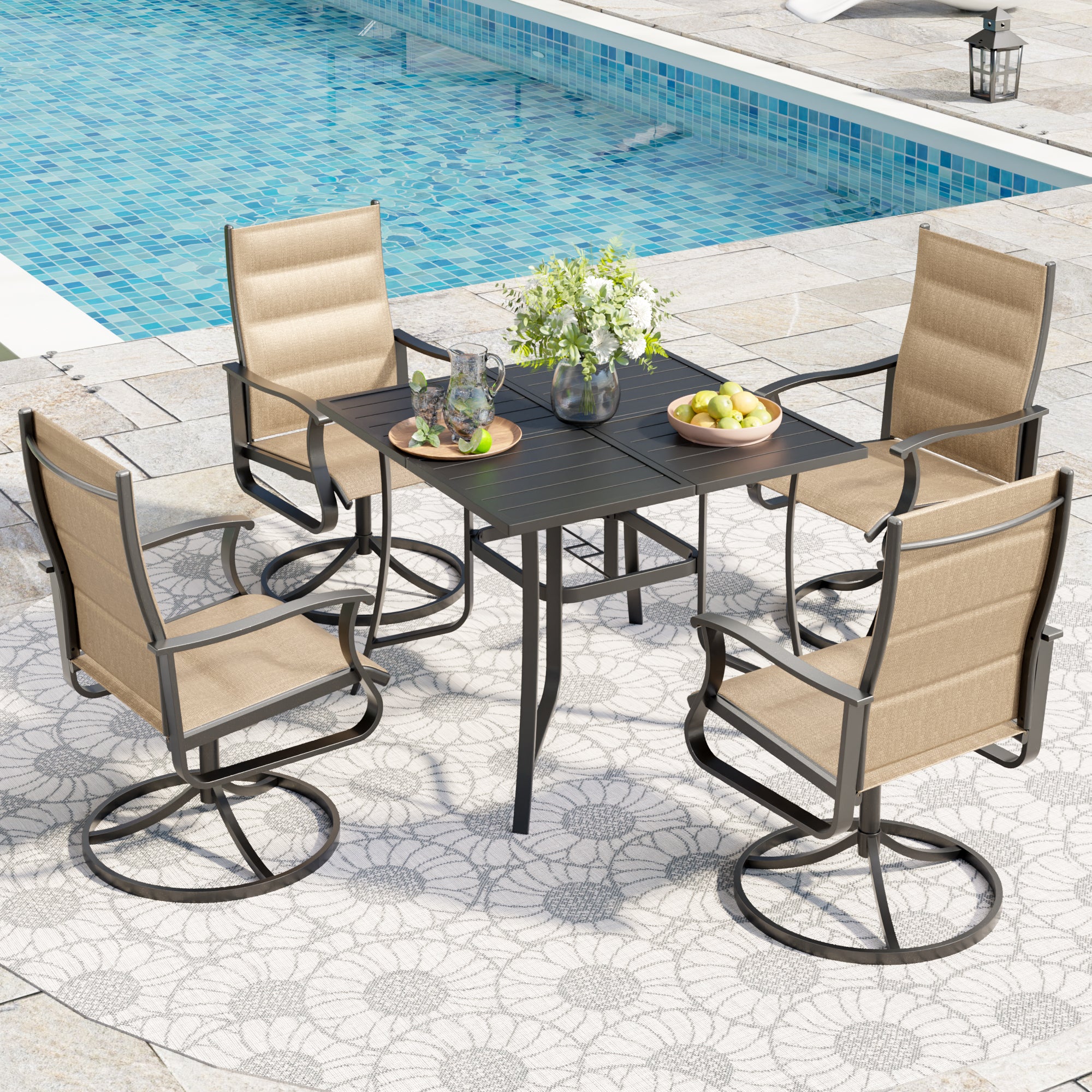 UDPATIO 5 Piece Outdoor Patio Dining Set, Outdoor Patio Table and Chairs Set, 37" Square Table with Umbrella Hole, Outdoor Swivel Rocker Dining Chairs, Patio Outside Furniture Set for Lawn, Deck, Yard