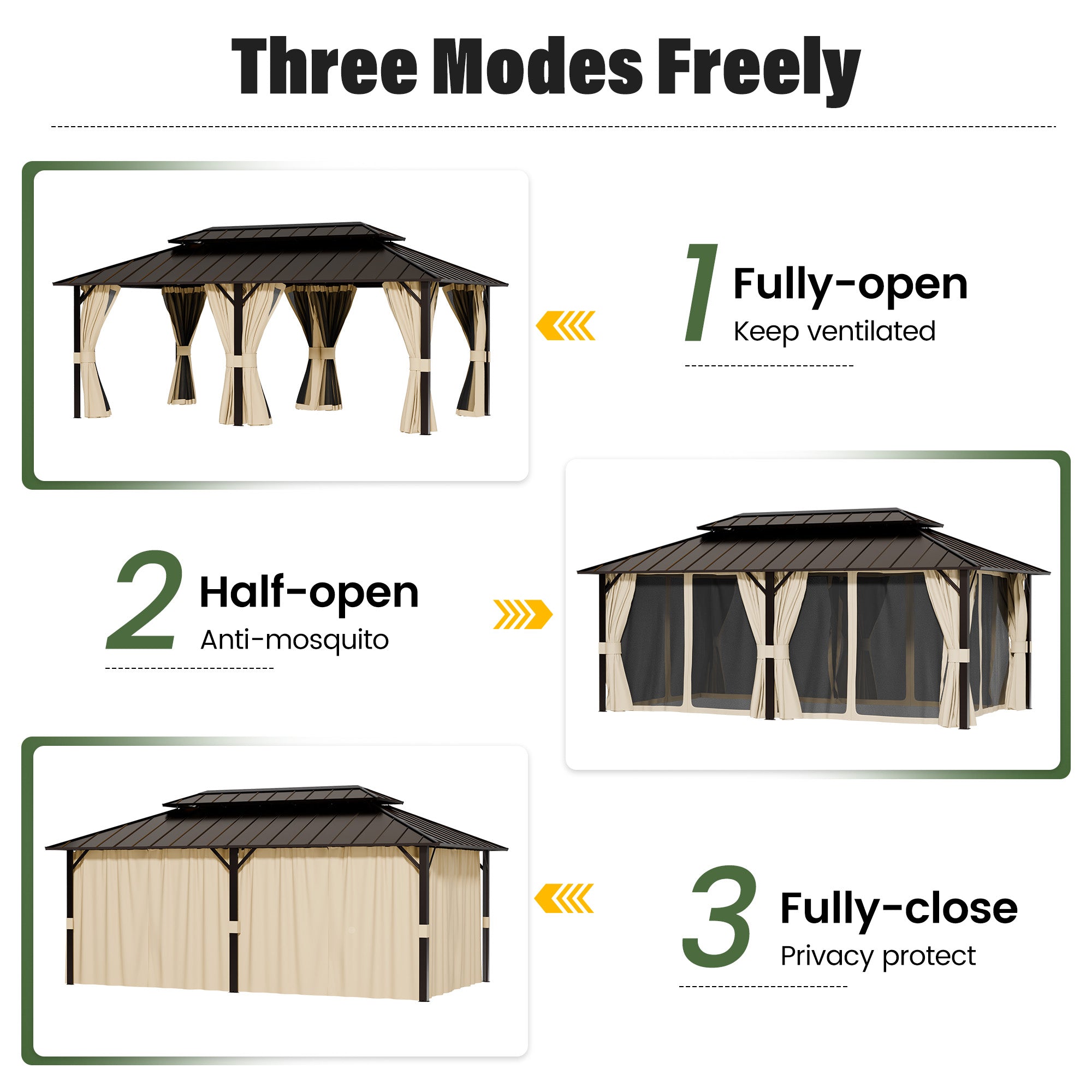UDPATIO 12x20 Hardtop Gazebo, Aluminum Frame with Double Galvanized Steel Roof, Hard Top Heavy Duty Patio Outdoor Metal Gazebos, Permanent Gazebo with Mosquito Netting and Curtain for Backyard, Beige
