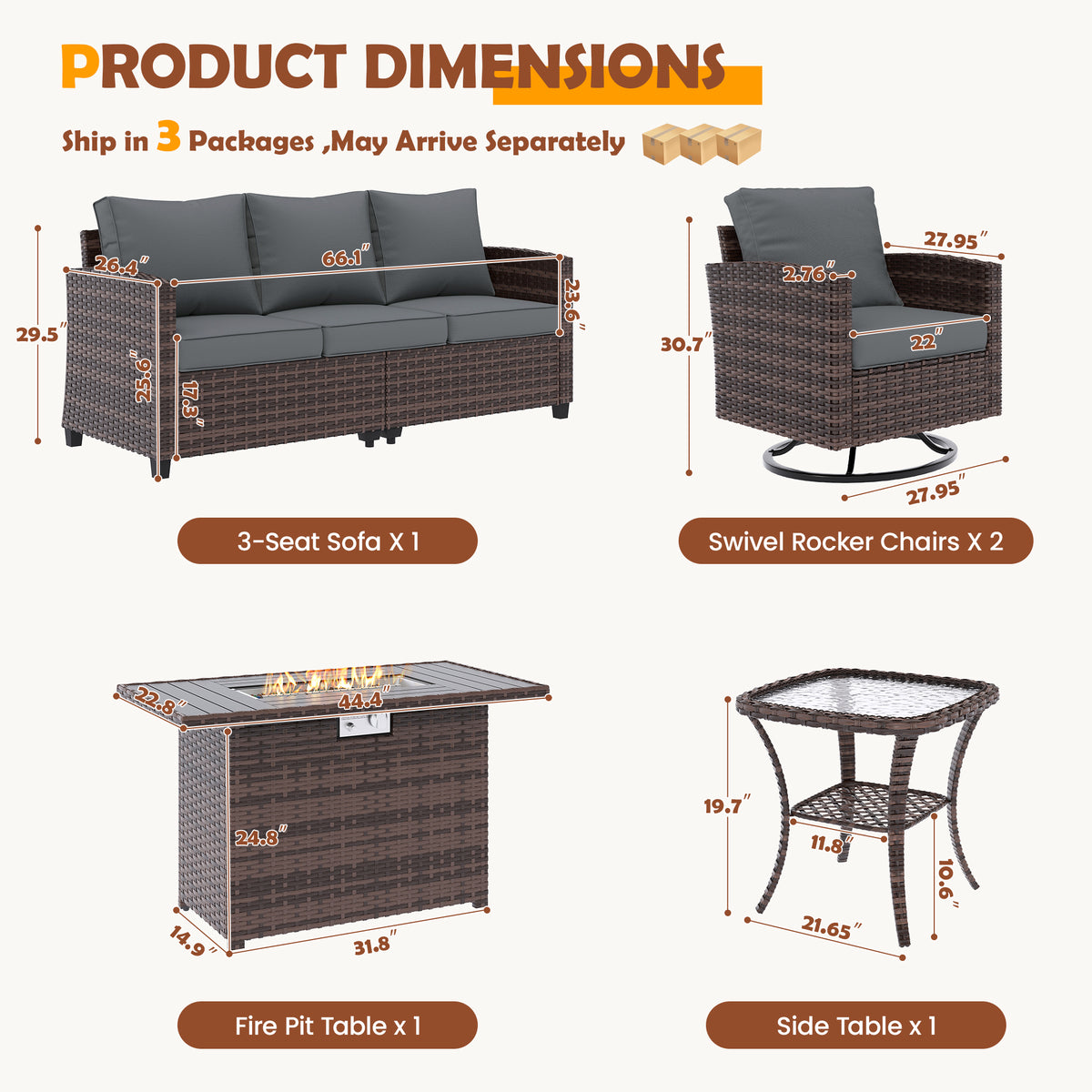 UDPATIO Patio Furniture Set with Swivel Rocking Chair 44" Fire Pit Table