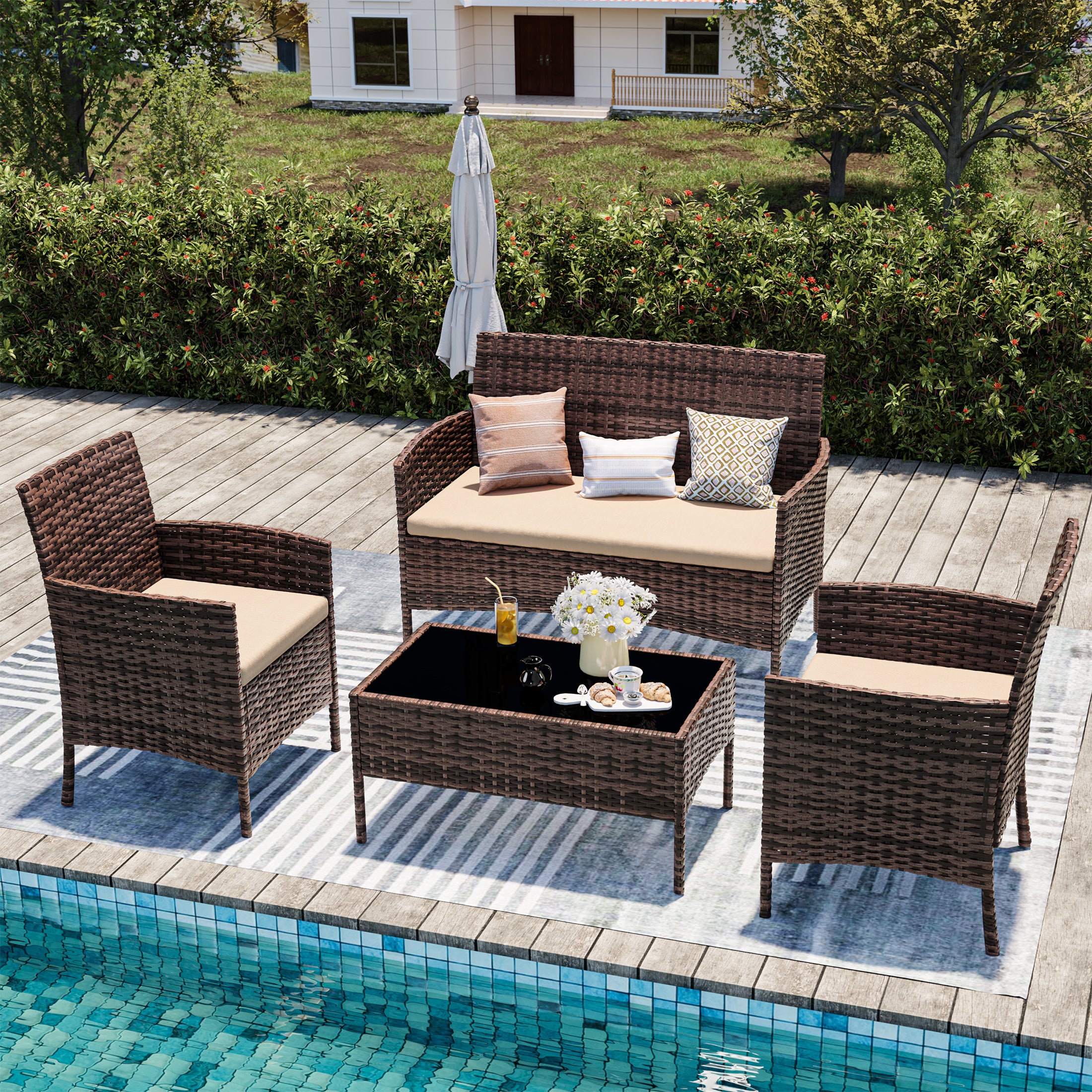 UDPATIO 4 Pieces Outdoor Patio Furniture,Sectional Conversation Sets,Brown PE Rattan Patio Chairs with Table and Loveseat for Balcony, Porch, Backyard,(Khaki Cushion)