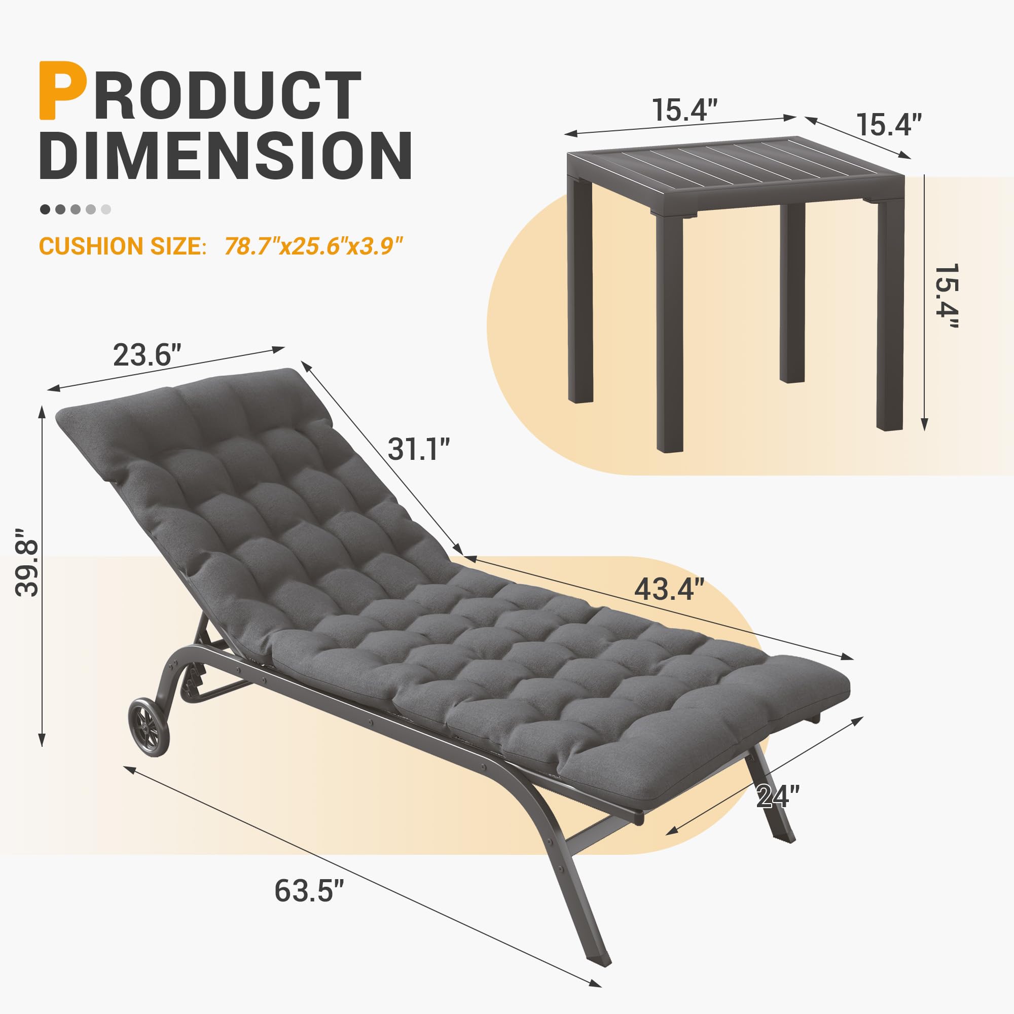 UDPATIO Outdoor Chaise Lounge Padded Set of 3, Aluminum Lounge Chair with Removable Cushion, 5 Adjustable Position Pool Lounger with Wheels and Side Table for Garden Poolside Patio (Grey)