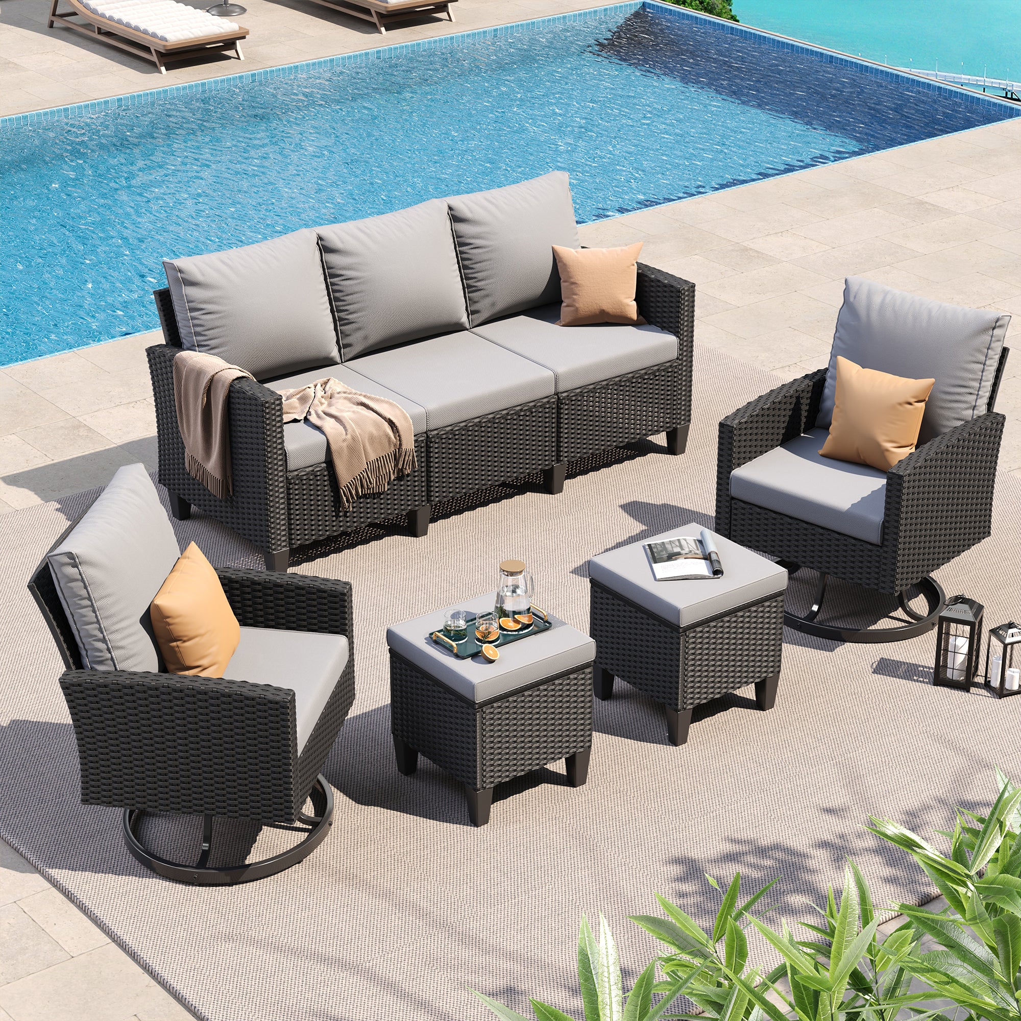 UDPATIO Patio Furniture Set, 6 Pieces Outdoor Conversation Sets with Swivel Chairs, All-Weather Wicker Rattan Patio Sofa with Ottomans and Glass Side Table for Backyard, Deck, Porch, Grey/Black