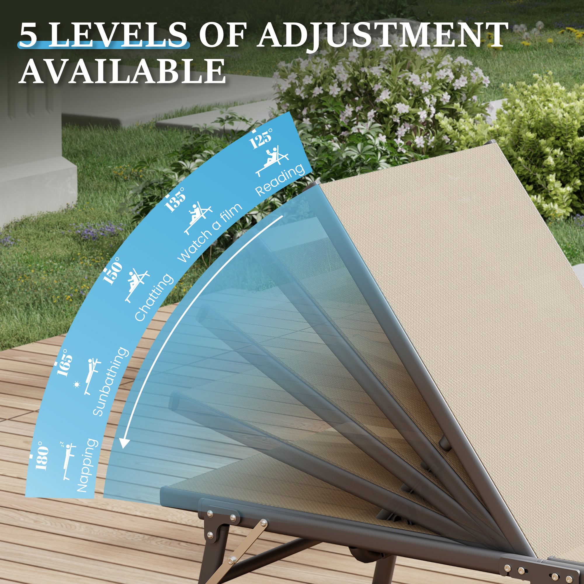 Outdoor Foldable Lounge Chair Pool Chaise Chairs for Outside, Adjustable Lounger for Poolside Lawn Deck Lay Flat Sunbathing Backrest for Patio, Beach, Yard(Brown)