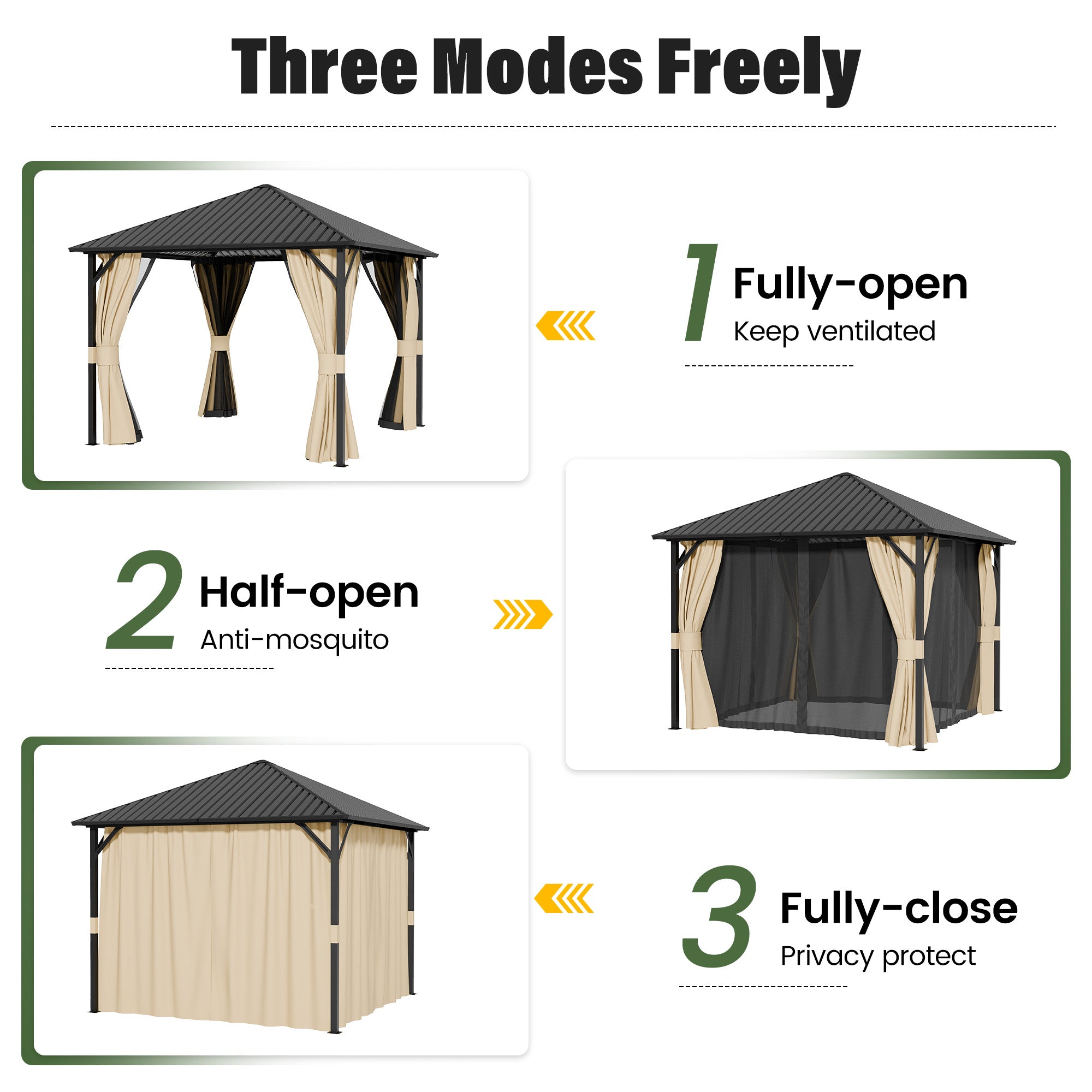 UDPATIO 10x10 Hardtop Gazebo, Metal Gazebo with Galvanized Steel Roof, Hard Top Patio Gazebos, Outdoor Permanent Gazebo with Mosquito Netting and Curtain for Backyard, Deck, Porch, Lawns, Beige