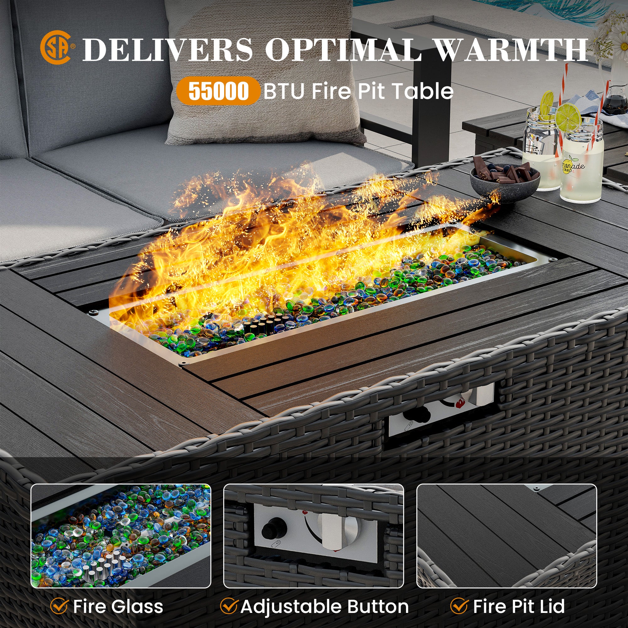 UDPATIO Aluminum Outdoor Furniture Set with 2 Ottomans and Fire Pit Table, 7 Pieces All-Weather & UV-Resistant Patio Sectional Sofa Set for Deck, Backyard, Poolside, Light Gray