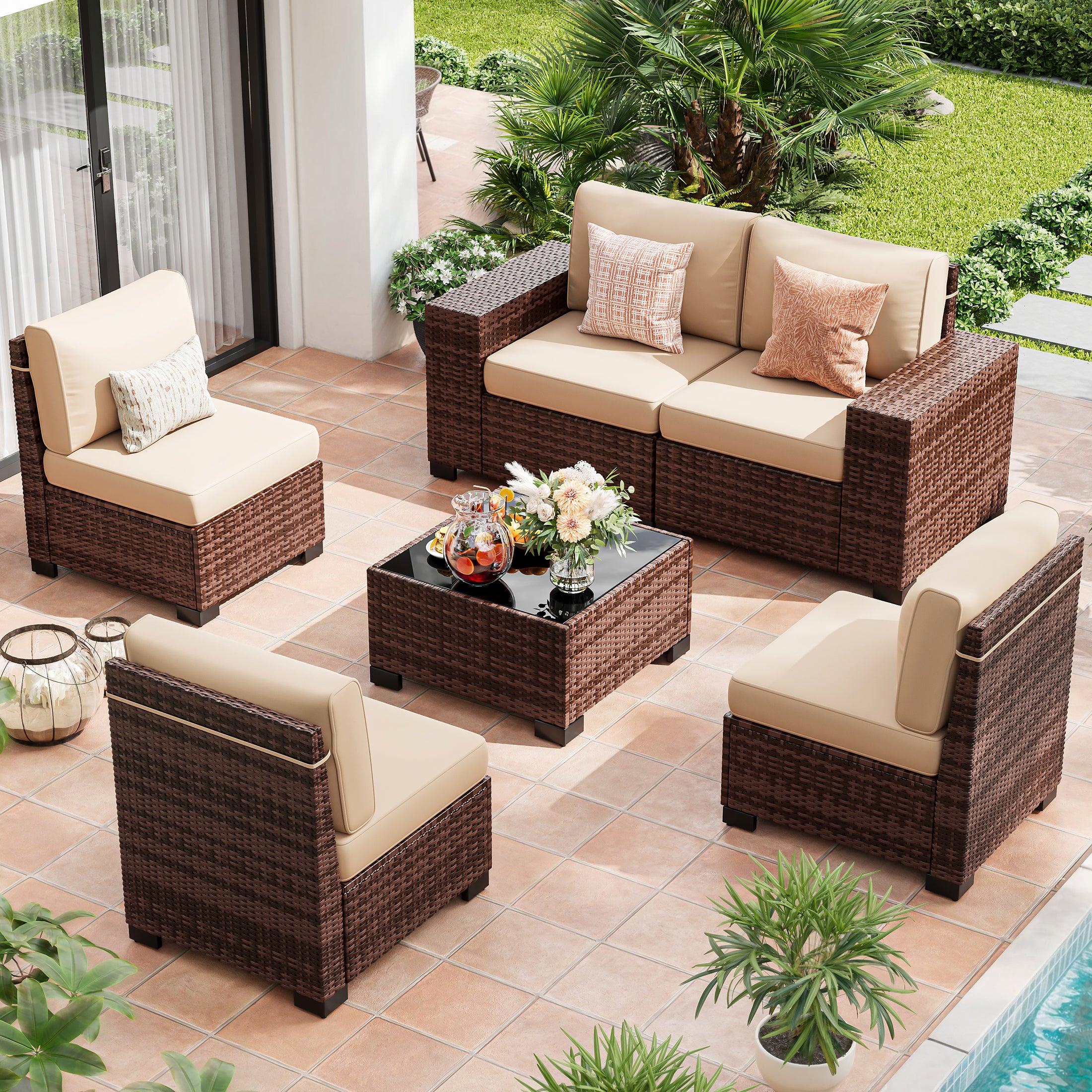 UDPATIO 6-Piece Patio Furniture Set, Outdoor Patio Sofa Set With Wide Armrest, All-Weather Wicker Rattan Guest Set With Cushion And Glass Table And Waterproof Cover, Brown & Khaki