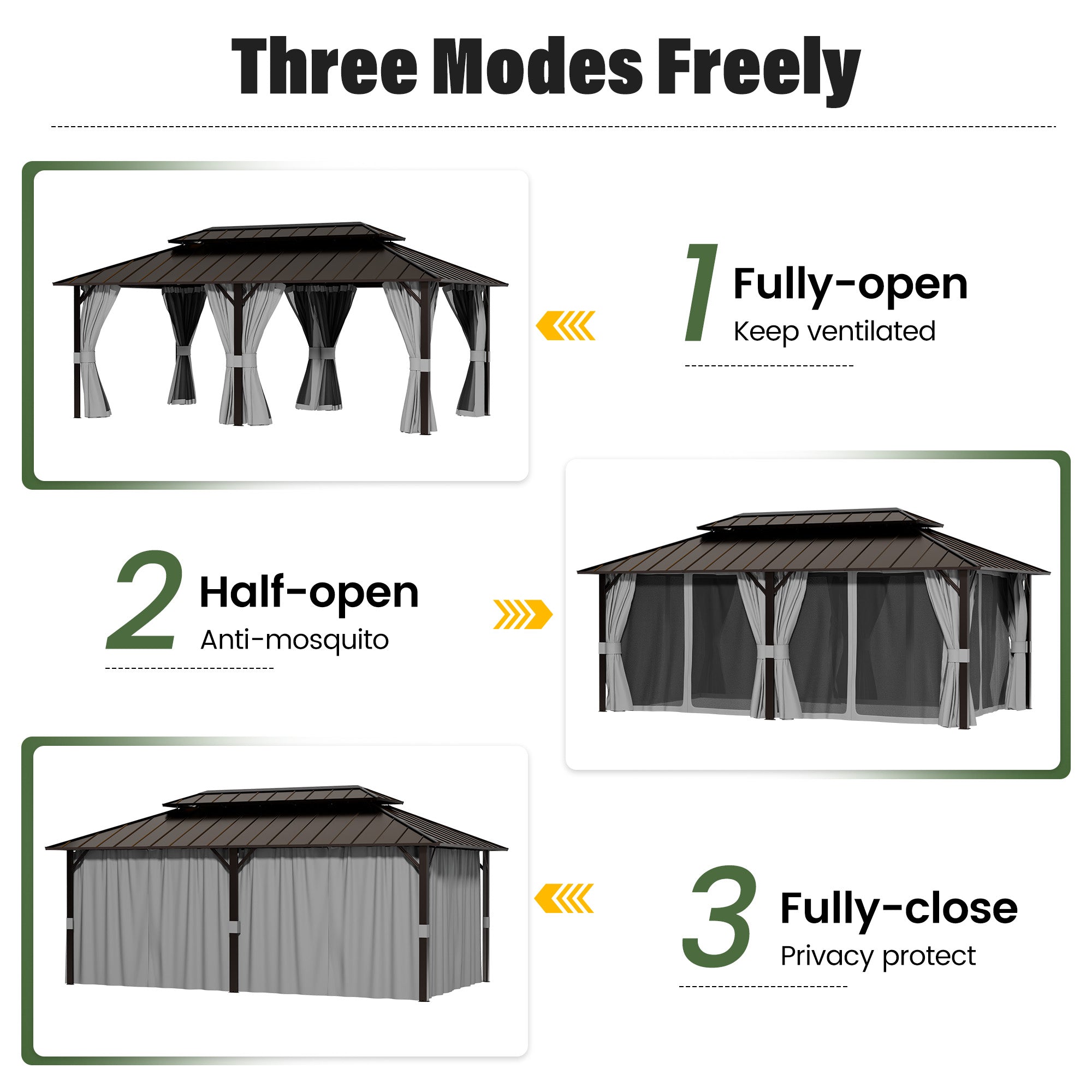 UDPATIO 12x20 Hardtop Gazebo, Aluminum Frame with Double Galvanized Steel Roof, Hard Top Heavy Duty Patio Outdoor Metal Gazebos, Permanent Gazebo with Mosquito Netting and Curtain for Backyard, Gray