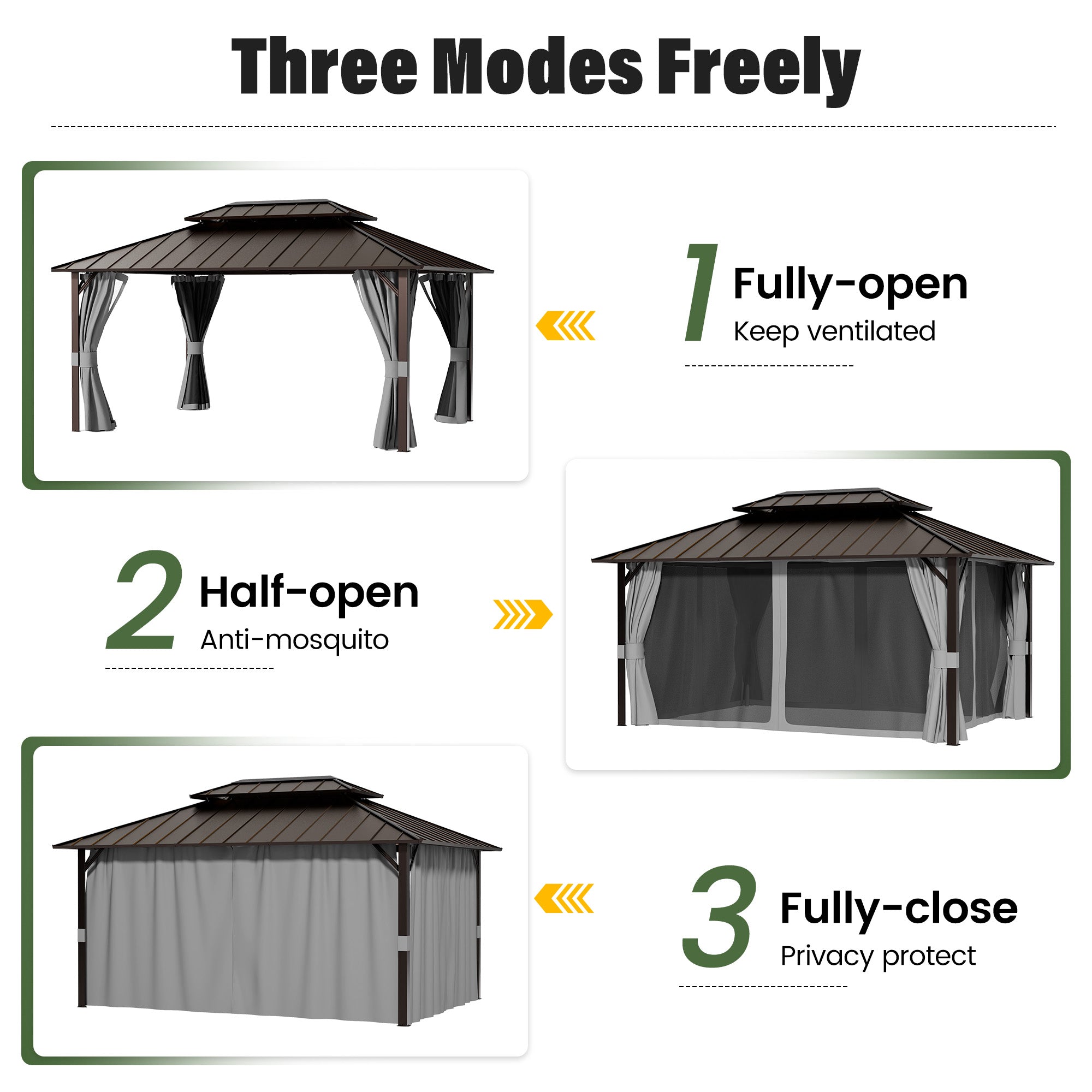 UDPATIO 12x16 Hardtop Gazebo, Aluminum Frame with Double Galvanized Steel Roof, Hard Top Patio Outdoor Metal Gazebos, Permanent Gazebo with Mosquito Netting and Curtain for Backyard, Deck, Porch, Gray