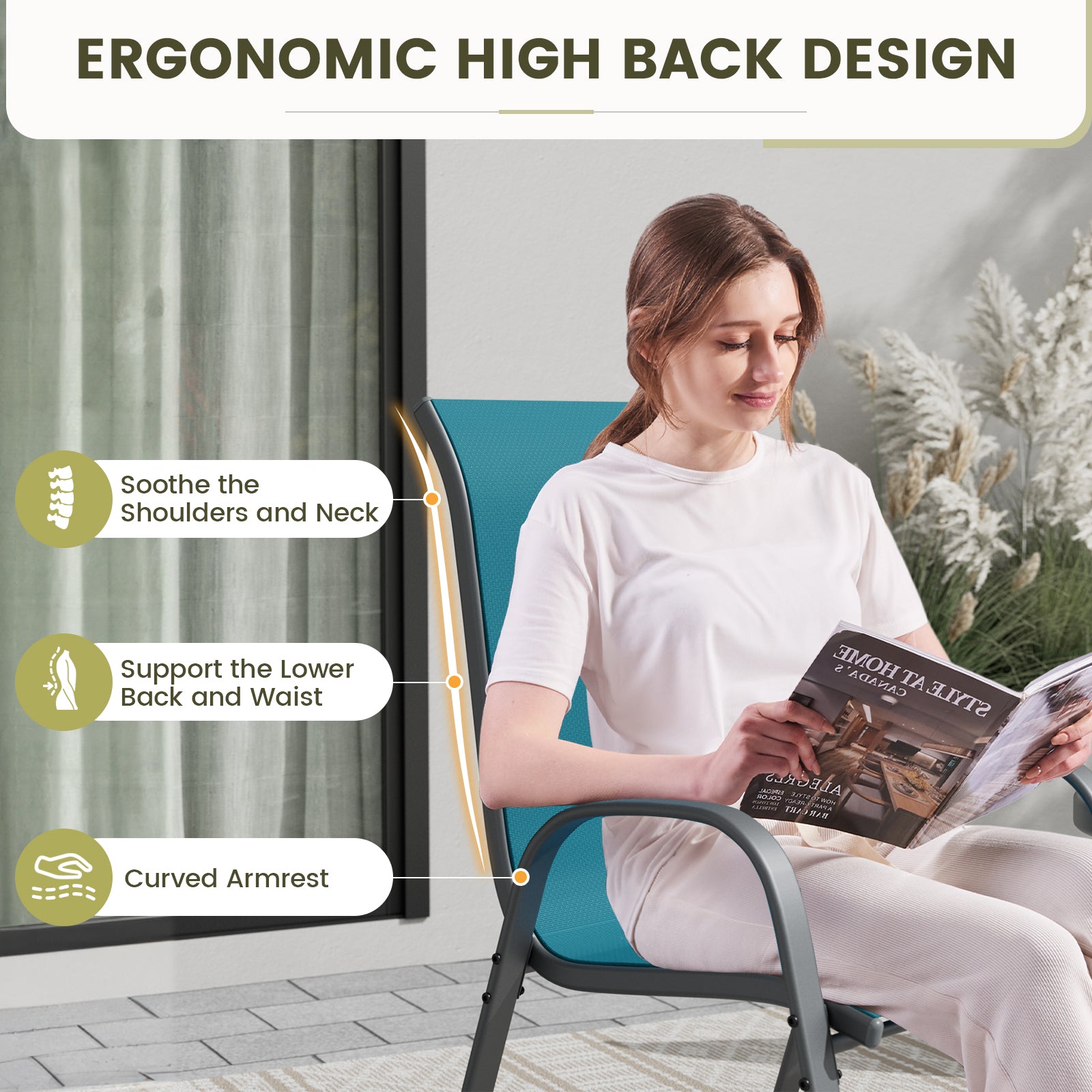 UDPATIO Patio Chairs Set of 4, Stackable Outdoor Dining Chairs with High Back, Breathable Textilene Fabric Outdoor Chair All Weather, 350LBS Capacity for Garden, Backyard (Light Blue)