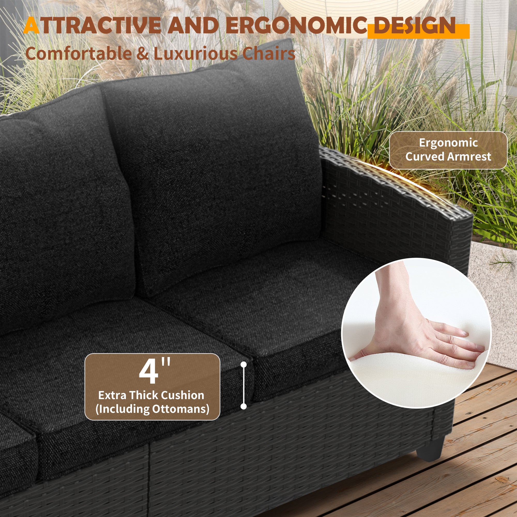 UDPATIO Patio Furniture Set with 44" Fire Pit Table, 8 Pieces Outdoor Sectional Conversation Sets, All-Weather Wicker Rattan Sofa Ottoman with 4" Thick Cushion for Garden Backyard Deck, Black