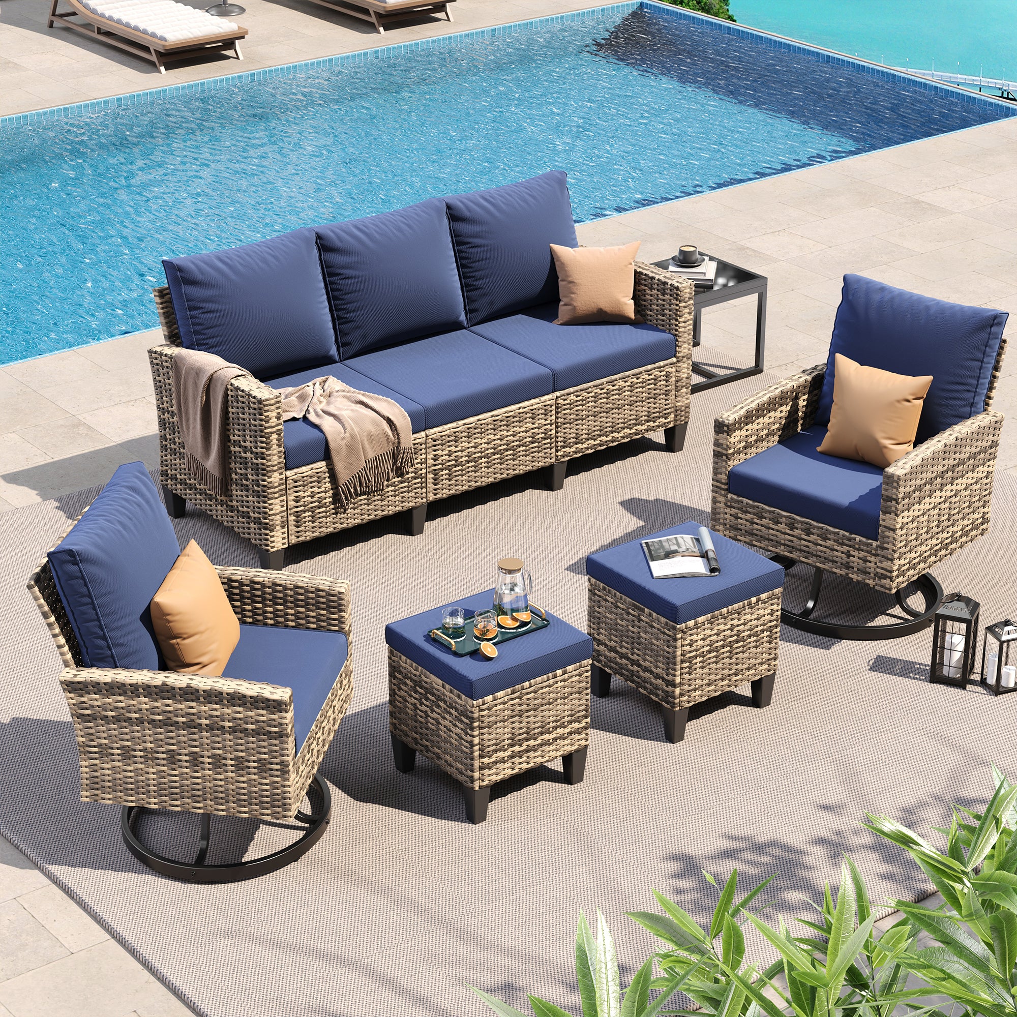 UDPATIO Patio Furniture Set, 6 Pieces Outdoor Conversation Sets with Swivel Chairs, All-Weather Wicker Rattan Patio Sofa with Ottomans and Glass Side Table for Backyard, Deck, Porch, Navy/Yellow