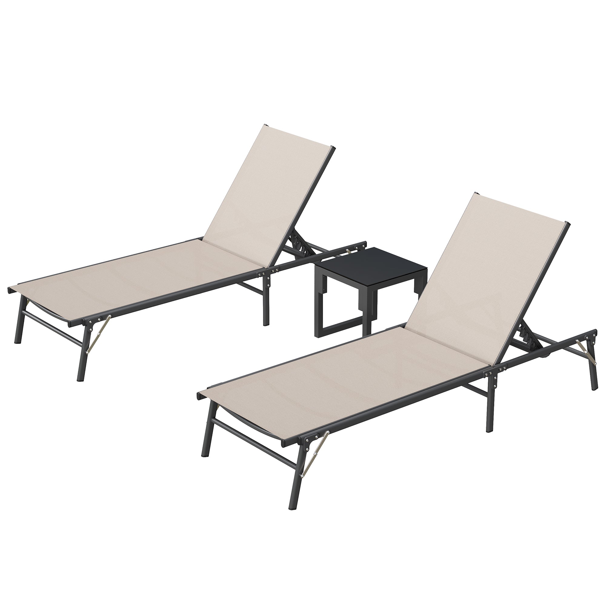 Outdoor Foldable Lounge Chair Set of 2 with Table Pool Lounge Chairs for Outside, Adjustable Lounger for Poolside Lawn Deck Lay Flat Sunbathing Backrest for Patio, Beach, Yard(Brown)