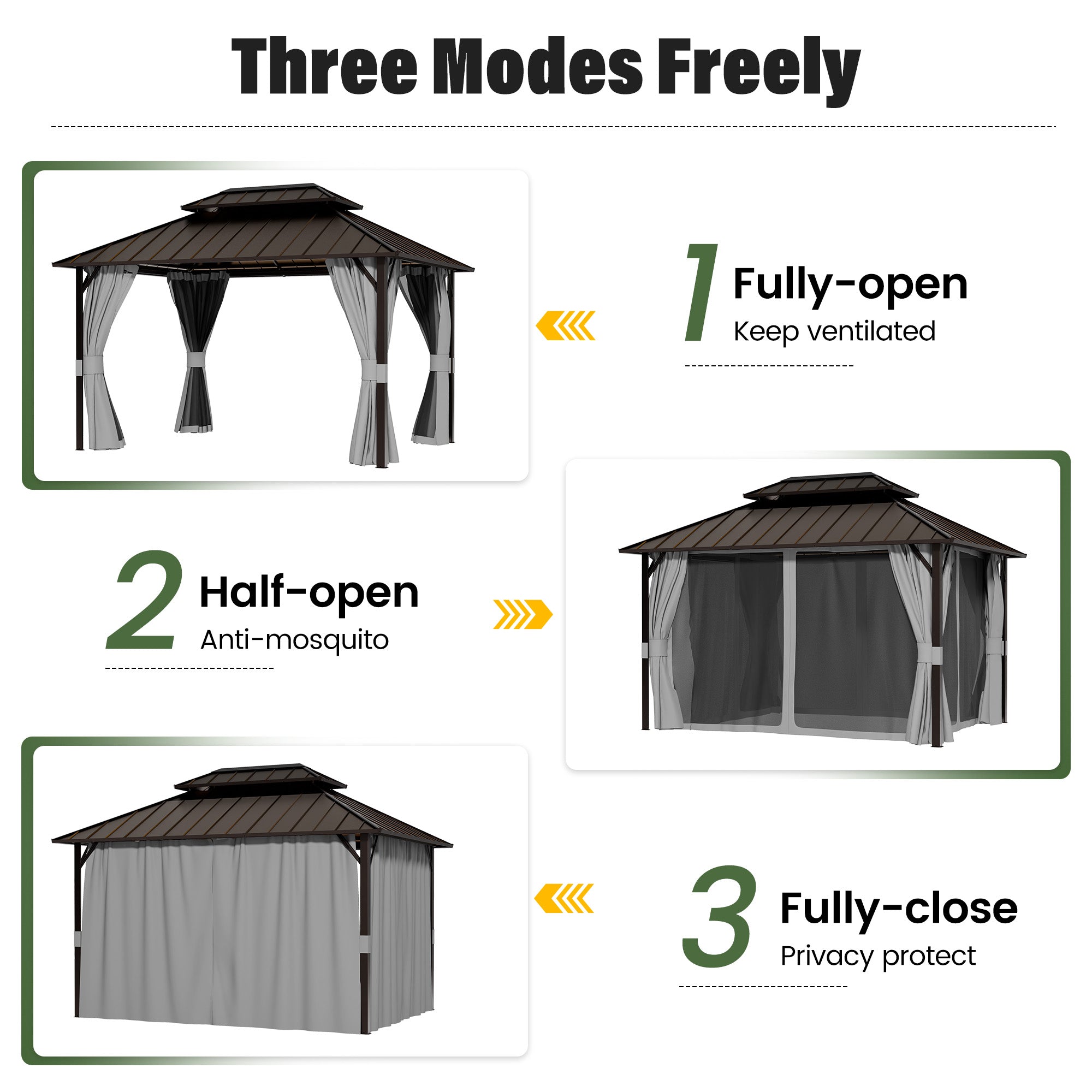 UDPATIO 12x14 Hardtop Gazebo, Aluminum Frame with Double Galvanized Steel Roof, Hard Top Patio Outdoor Metal Gazebos, Permanent Gazebo with Mosquito Netting and Curtain for Backyard, Deck, Porch, Gray