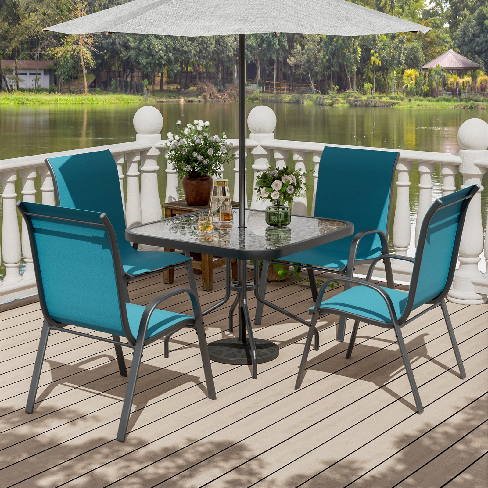 UDPATIO Patio Chairs Set of 4, Stackable Outdoor Dining Chairs with High Back, Breathable Textilene Fabric Outdoor Chair All Weather, 350LBS Capacity for Garden, Backyard (Light Blue)