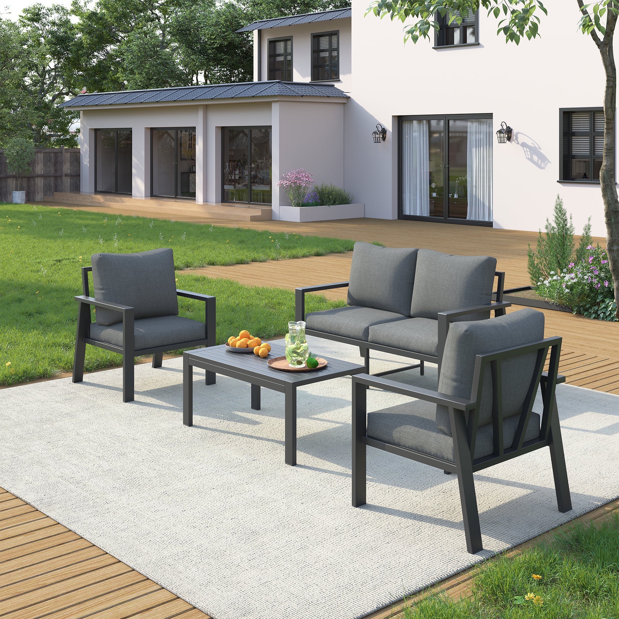 UDPATIO Aluminum Patio Furniture Set, 4 Pieces Sectional Metal Conversation Sofa Modern Seating Set with Coffee Table for Outdoor Garden Backyard, Dark Grey