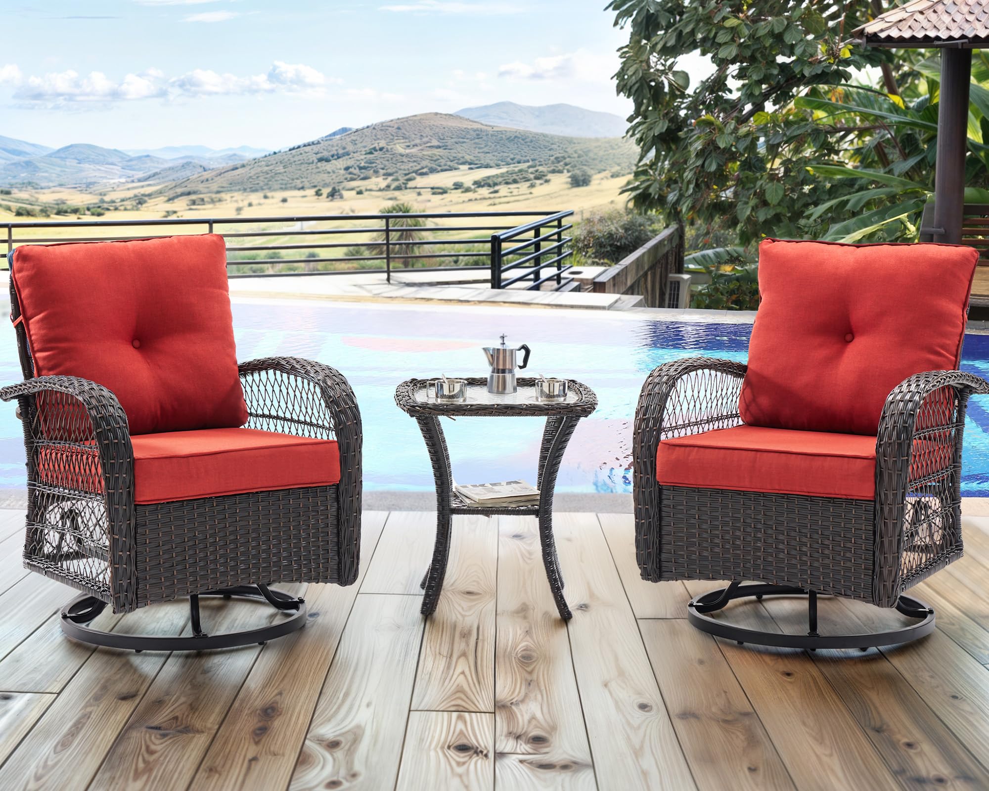UDPATIO 3 Pieces Patio Furniture Set, Outdoor Swivel Rocker Patio Chairs Set of 2, All-Weather PE Wicker Glider Chairs with Thick Cushions and Glass Coffee Table,for Porch Deck Backyard