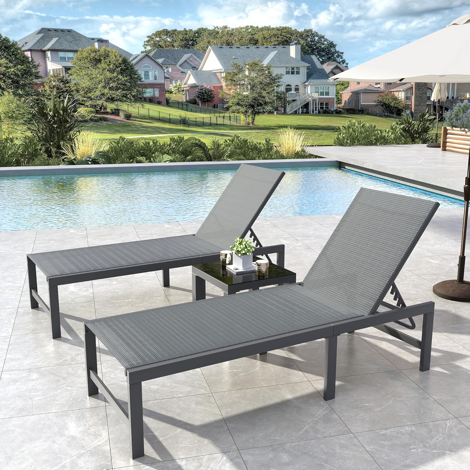 UDPATIO Lounge Chair Outdoor 3 Pieces Pool Chaise Lounge, Adjustable Lounge Poolside Lay Flat Sunbathing Backrest with Table for Patio, Beach, Yard, Pool (Grey)