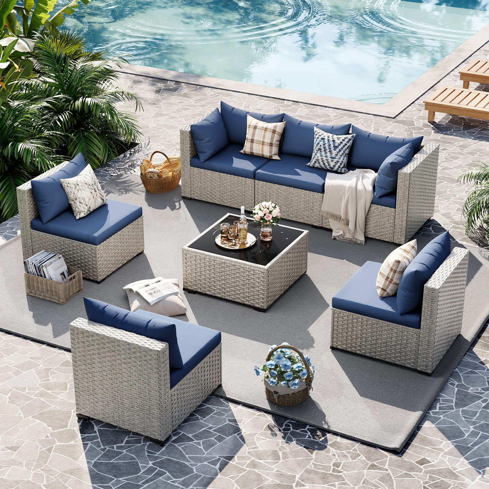 UDPATIO Outdoor Patio Furniture Set, 7-Piece PE Wicker Sectional Sofa with Tea Table, Outdoor Conversation Set for Patio, Garden