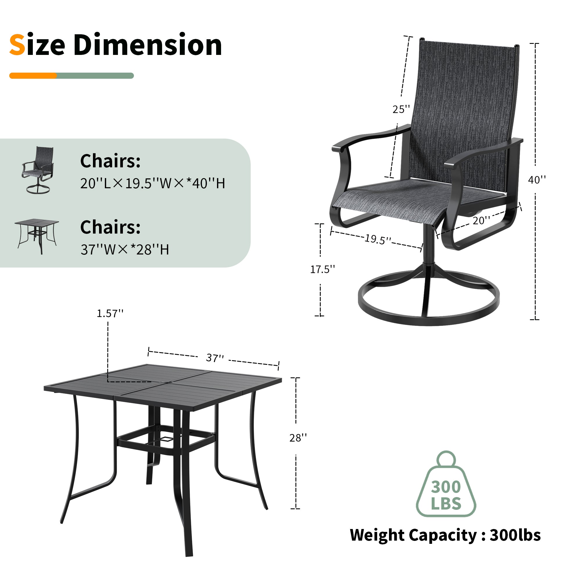UDPATIO 5 Piece Outdoor Patio Dining Set with 37" Square Table & 4 Outdoor Swivel Rocker Dining Chairs with All Weather, Outdoor Table and Chairs Set, Patio Furniture Set Outdoor Dining Sets for Lawn