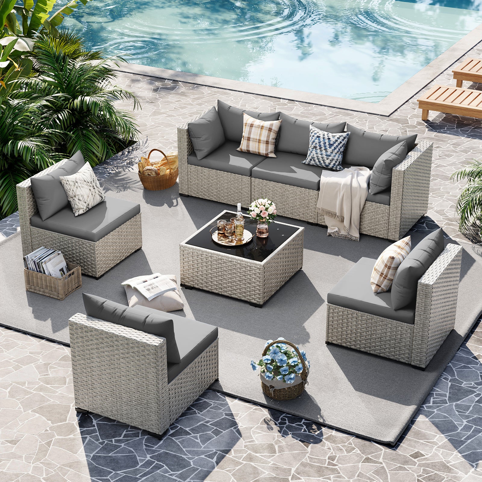 UDPATIO Outdoor Patio Furniture Set, 7-Piece PE Wicker Sectional Sofa with Tea Table, Outdoor Conversation Set for Patio, Garden, Backyard Grey