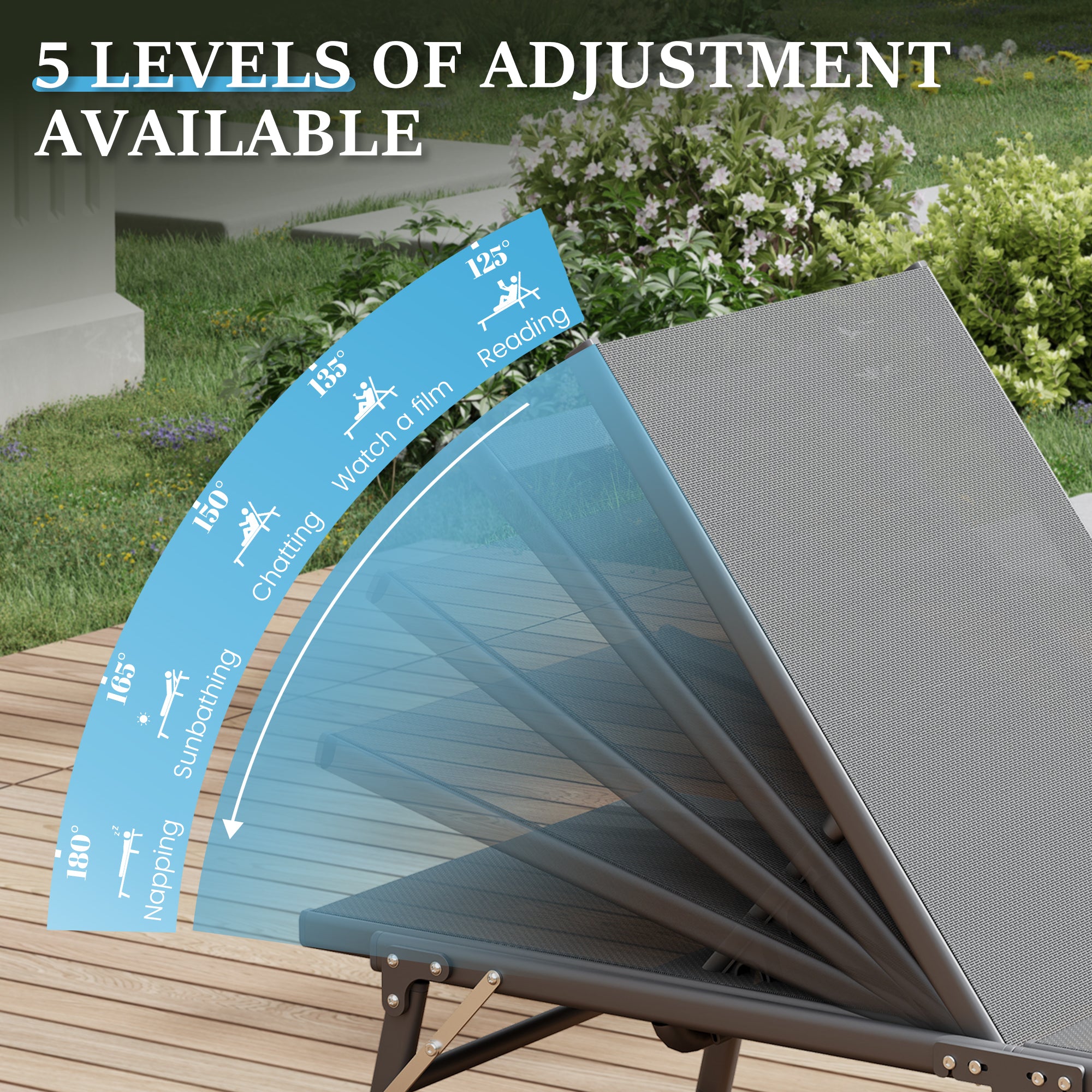 Outdoor Foldable Lounge Chair Pool Chaise Chairs for Outside, Adjustable Lounger for Poolside Lawn Deck Lay Flat Sunbathing Backrest for Patio, Beach, Yard(Grey)